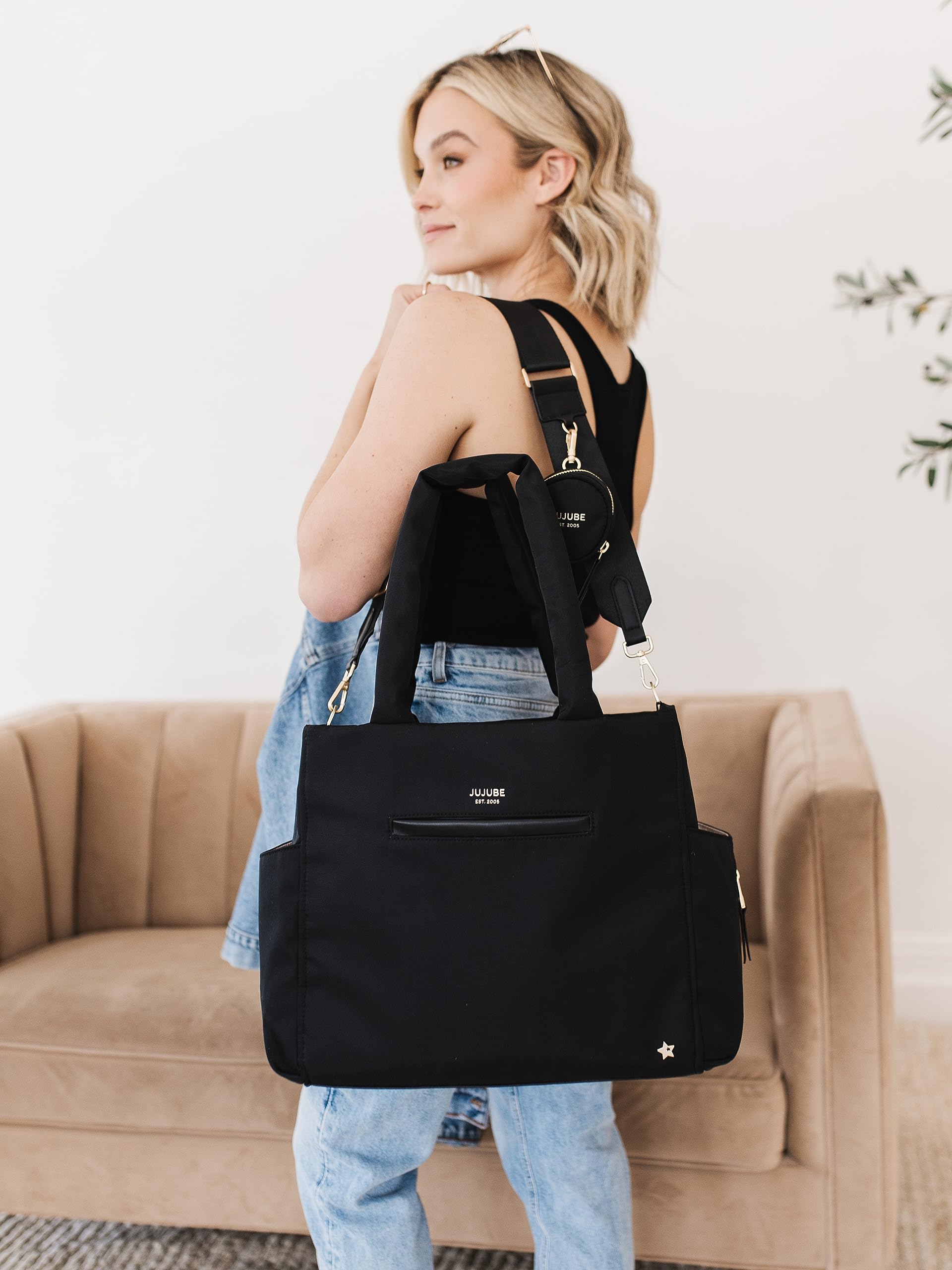 Premium Jujube Utility-Strap Tote Bag - Large Diaper Bag with Portable Changing Pad | Travel & Baby Essentials Organizer for Boys & Girls | Holds Bottles, Wipes, Diapers & Pacifiers | Perfect for Daycare, Travel & On-the-Go Parents (Black)
