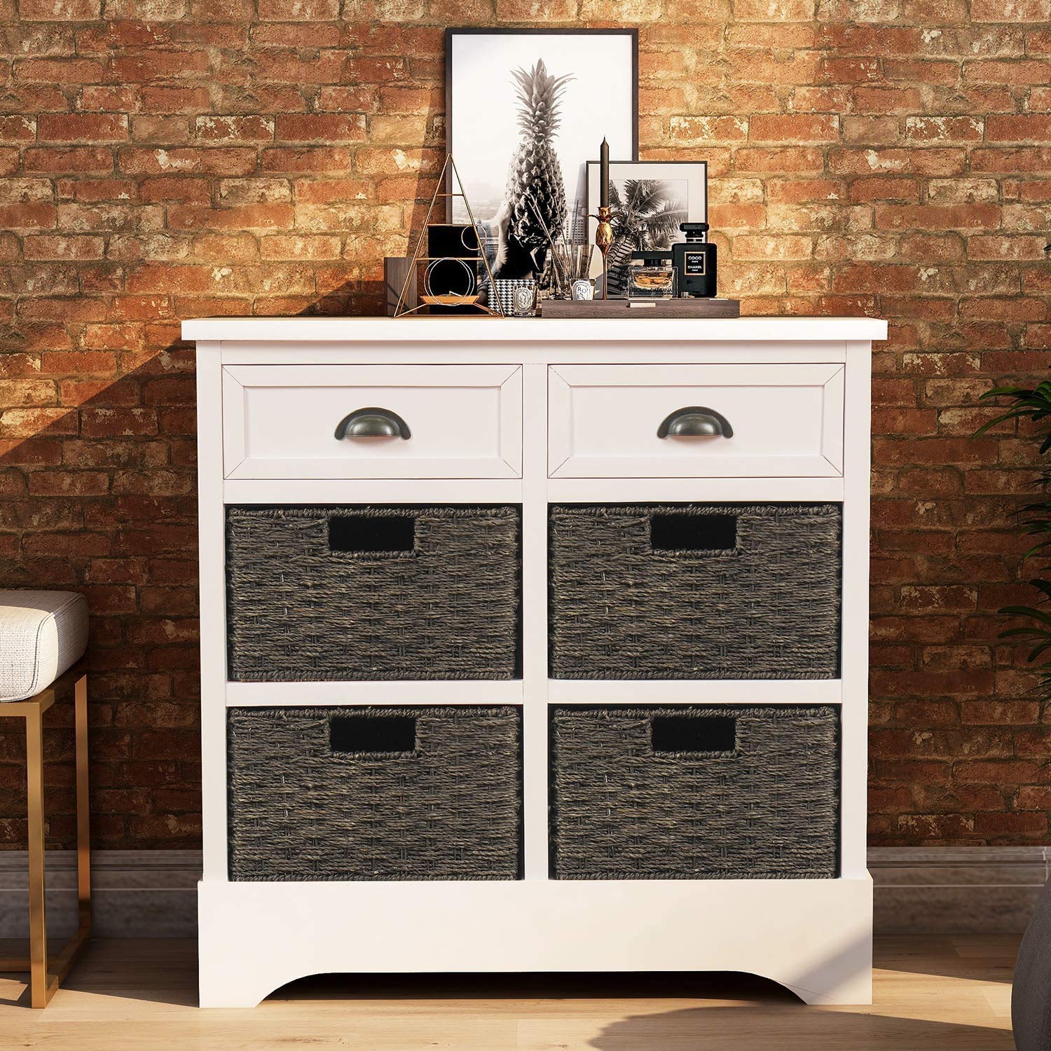 Modern Storage Chest Cabinet with 2 Wood Drawers & 4 Wicker Baskets - Entryway Organizer, Living Room Storage Solution for Home Decor
