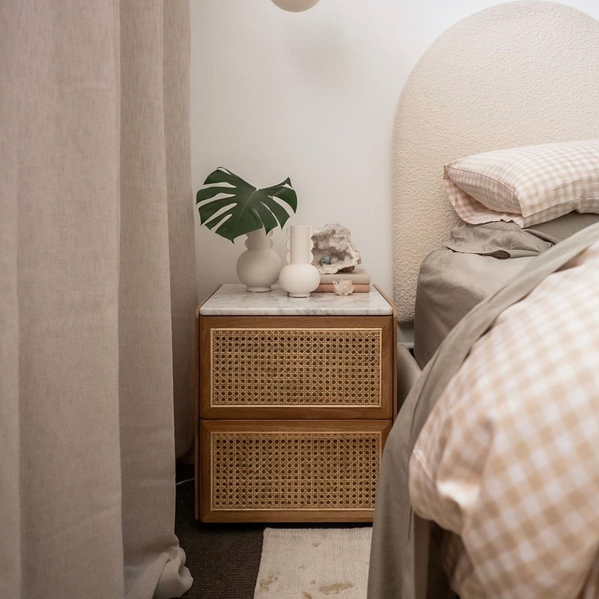 Delta Marble Rattan Bedside Table - Modern Nightstand with Storage Shelf for Bedroom, Living Room & Dorm | Stylish Accent Furniture for Home Decor