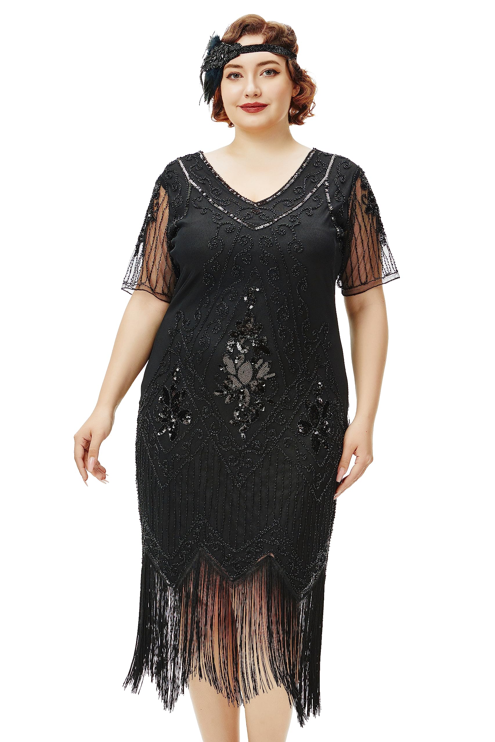 BABEYOND Women's Plus Size 1920s Great Gatsby Flapper Dress - Elegant Black Cocktail Party Costume for Vintage Theme Events, Halloween & Roaring 20s Parties