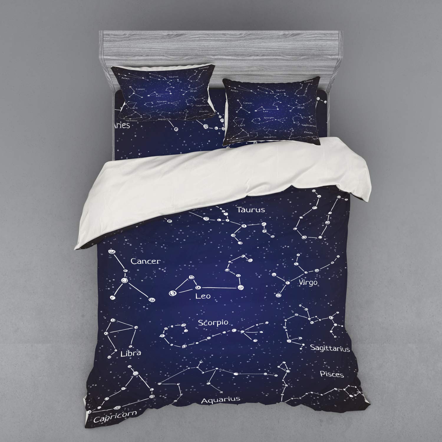 Ambesonne Constellation Duvet Cover Set - 4 Piece Queen Size Bedding with Shams & Fitted Sheet, Zodiac Star Design in Blue, Dark Blue & White | Perfect for Astronomy Lovers' Bedroom Decor & Gift Ideas