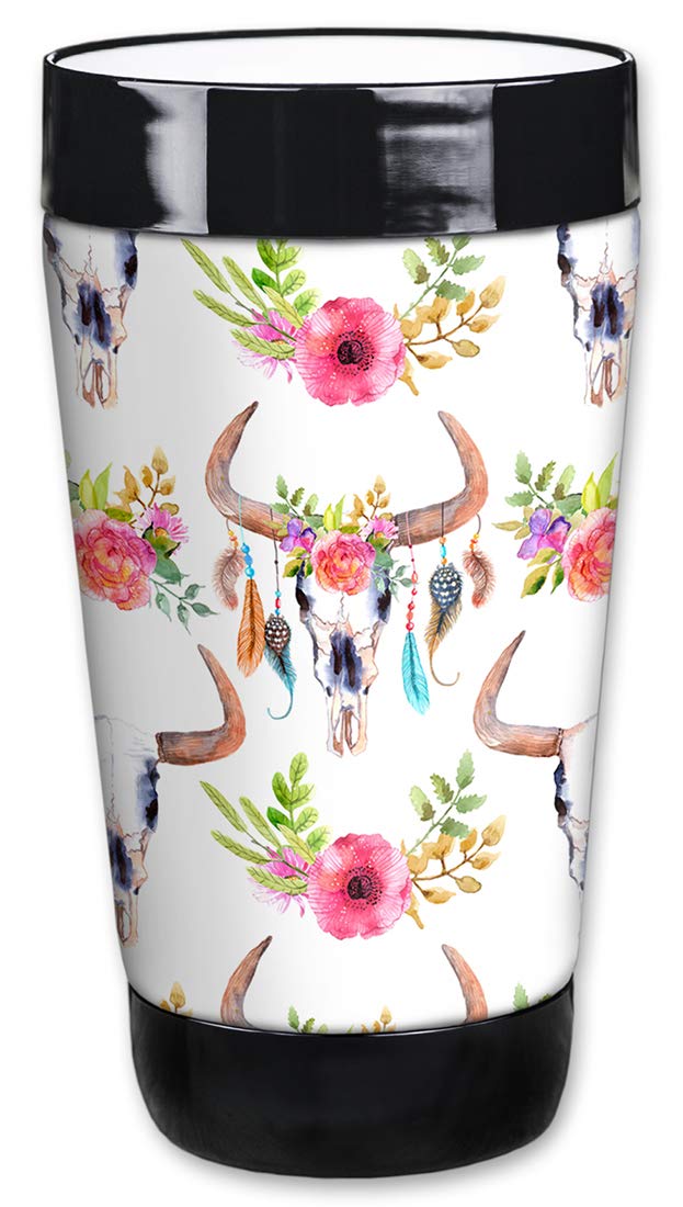 16oz Insulated Tumbler with Lid & Removable Wetsuit Cover - Bull Skull Floral Design | Perfect for Coffee, Tea & Cold Drinks at Home, Office or Travel