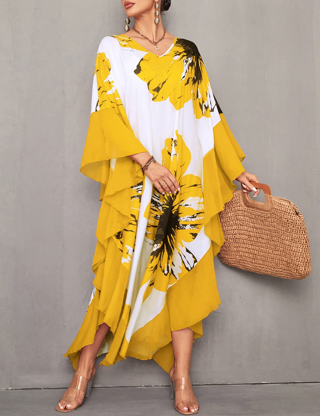 Eddoyee Women's Chiffon Loose Kaftan Dress - Beach Cover Up, Swimsuit Cover, Summer Boho Maxi Dress for Pool, Vacation & Resort Wear