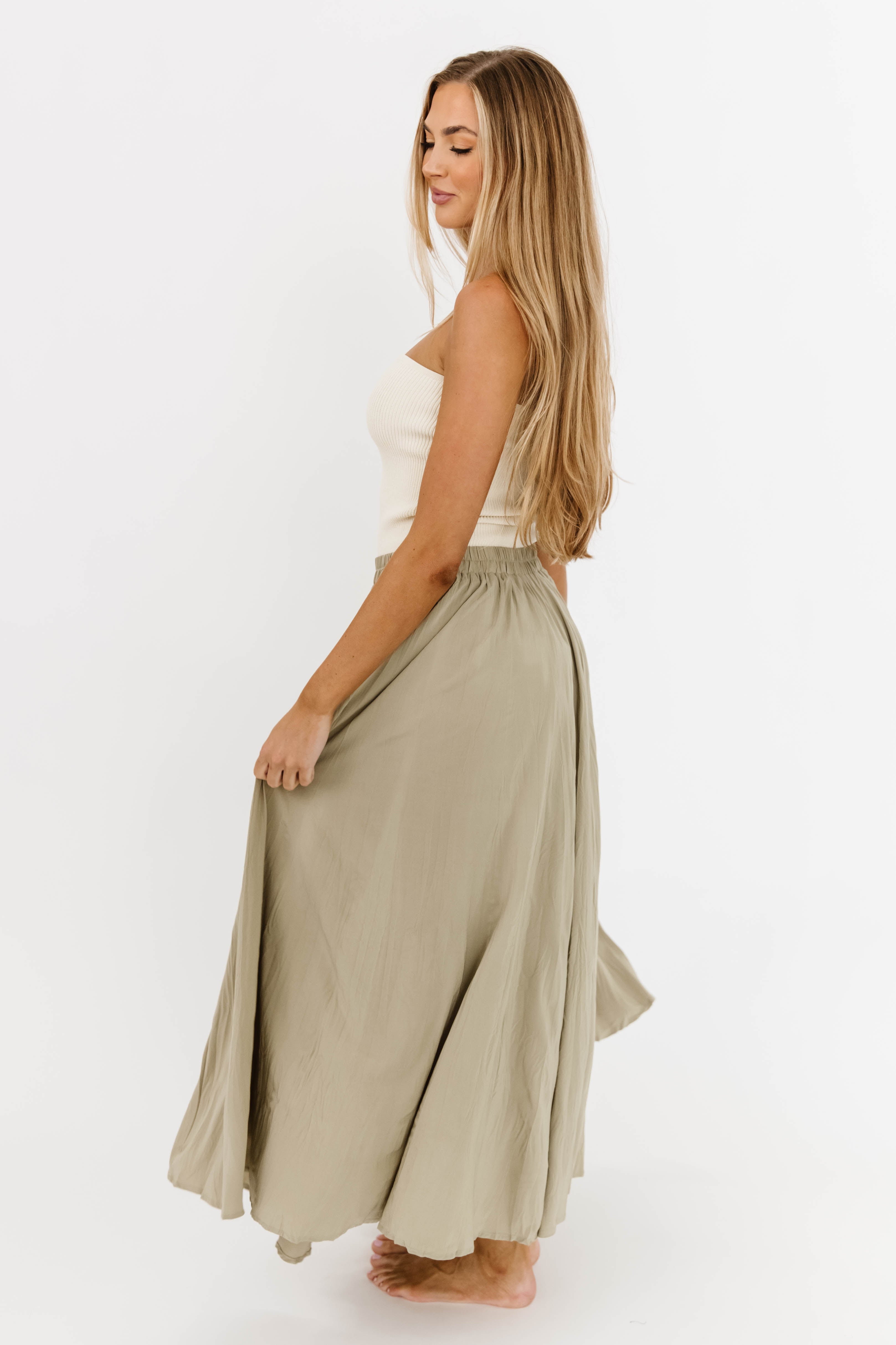 Apolline Crinkle Maxi Skirt in Sage Green | Flowy Boho Long Skirt for Women | Perfect for Beach, Vacation & Summer Outfits