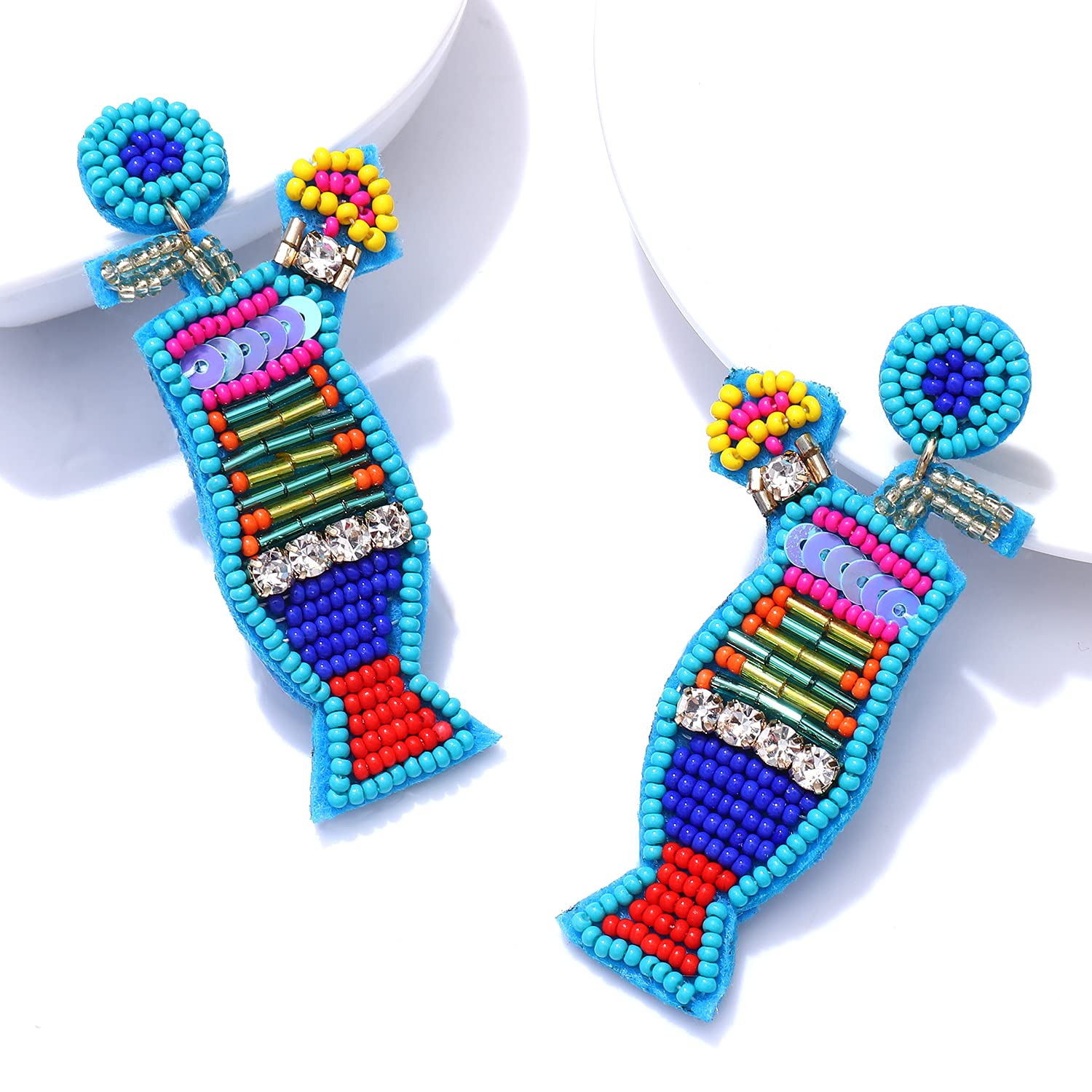 Boho Colorful Beaded Drop Earrings for Women - Tropical Fruit Cocktail Rhinestone Dangle Earrings - Perfect for Beach Parties, Vacations & Summer Festivals