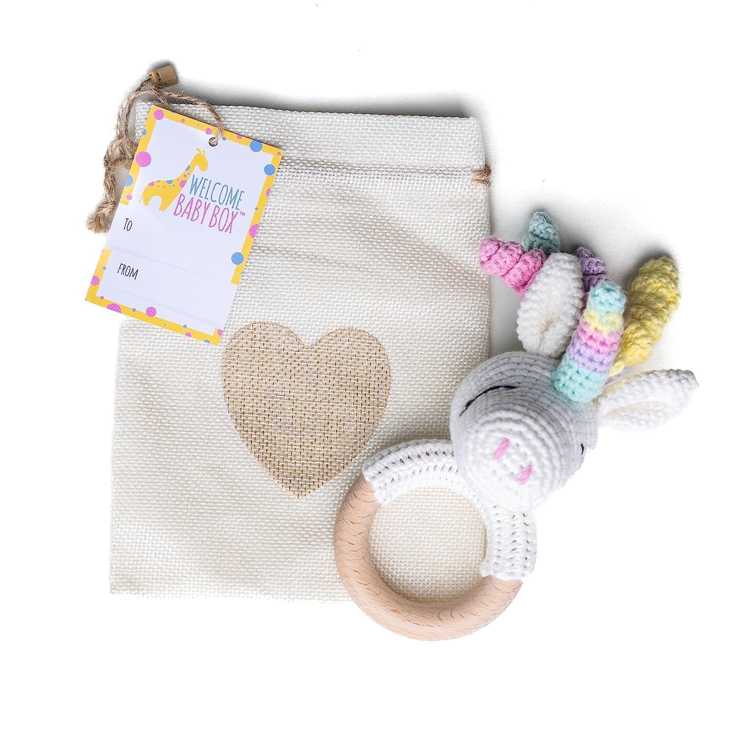 Personalized Crochet Unicorn Baby Rattle with Name & Wooden Teether Ring - Gender Neutral Newborn Gift for Baby Boy or Girl - Perfect Baby Shower Present with Gift Bag - Ideal for Nursery Decor, Playtime & First Teeth Relief