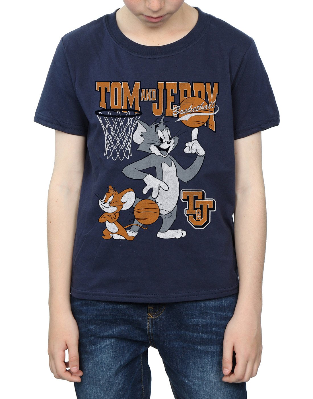 Tom and Jerry Boys Spinning Basketball Graphic T-Shirt - Navy Blue Cotton Tee for Kids Ages 12-13 | Cartoon Character Apparel for School, Sports & Casual Wear