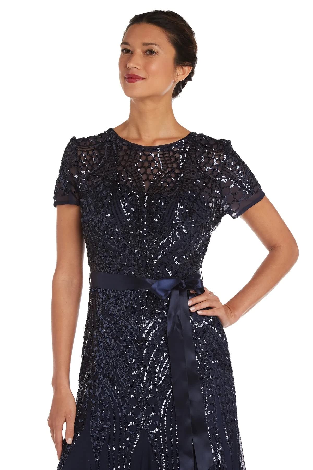 R&M Richards Women's Embellished Satin Waist Dress for Evening Gala, Cocktail Party & Wedding Guest Outfit