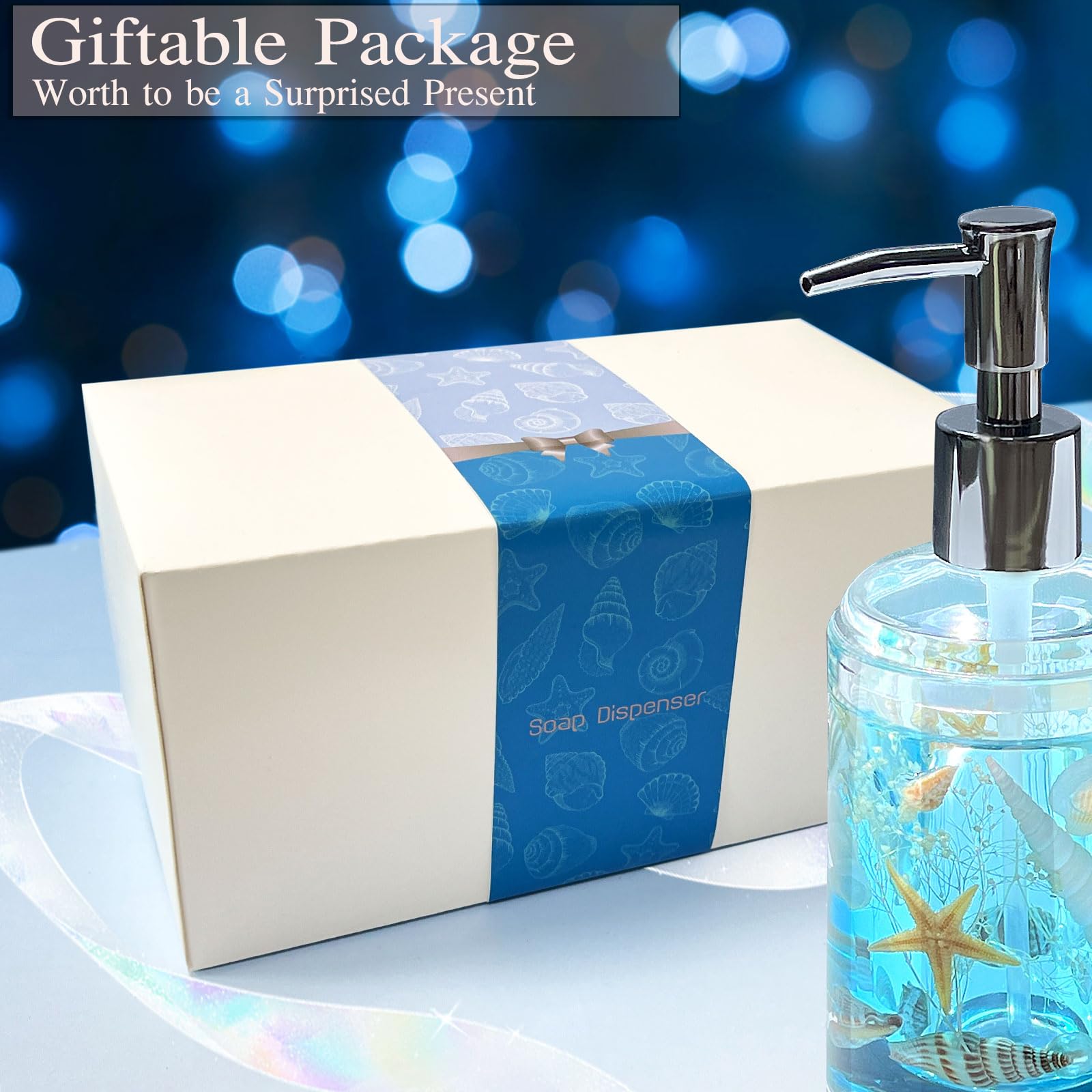 FONMY Acrylic Soap Dispenser with Pump - Handmade Seashell Design for Bathroom & Kitchen - Refillable for Liquid Soap, Dish Soap & Lotion (Blue) | Perfect for Coastal Decor, Spa Bathrooms & Farmhouse Kitchens
