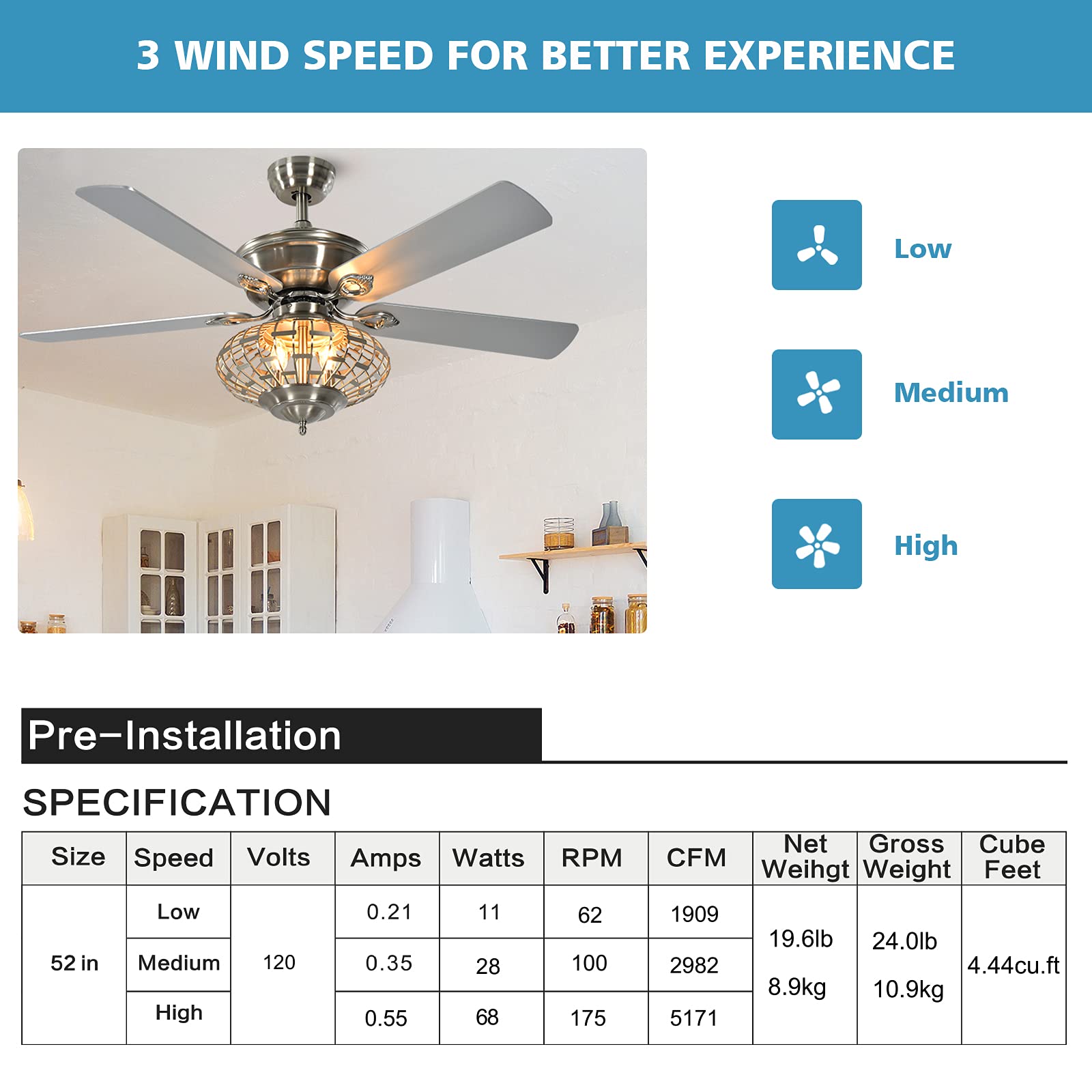 Tangkula 52 Inch Smart Ceiling Fan with Light Kit, Remote Control & Reversible Blades - 3 Speed Adjustable, Timer Function - Energy Efficient LED Lighting - Perfect for Bedroom, Living Room & Dining Room - Create Comfortable Breeze for Year-Round Relaxation