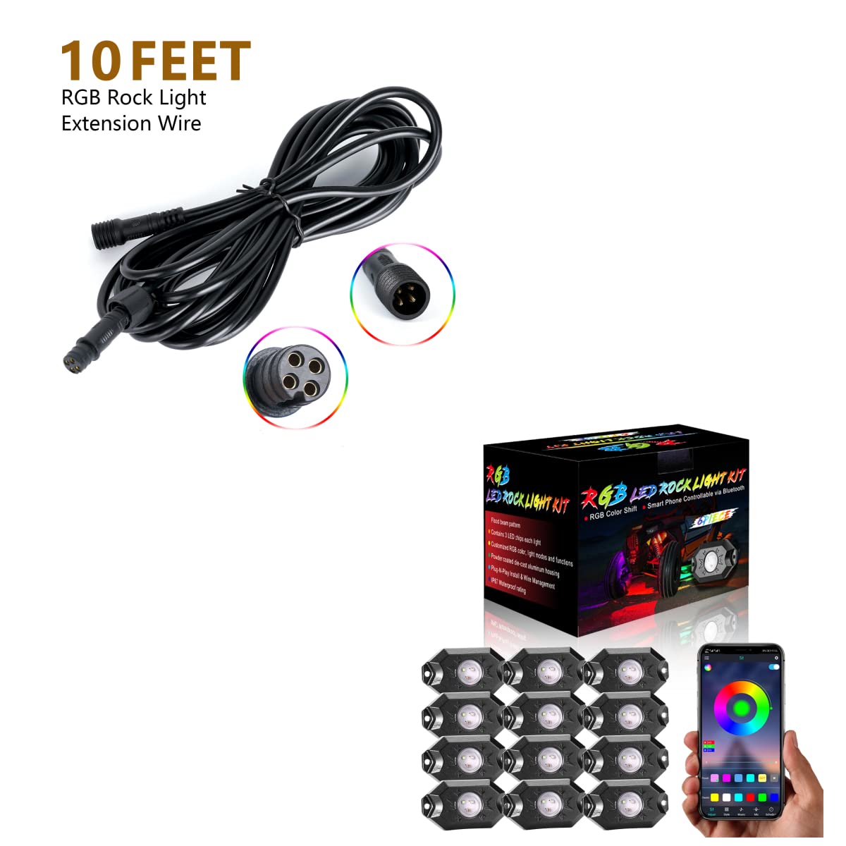 RGB LED Rock Lights for Cars & Trucks - 12 Pods with 10FT 4Pin Extension Cable - Waterproof Off-Road Lighting for Jeep, ATV, UTV - Perfect for Night Driving & Vehicle Customization