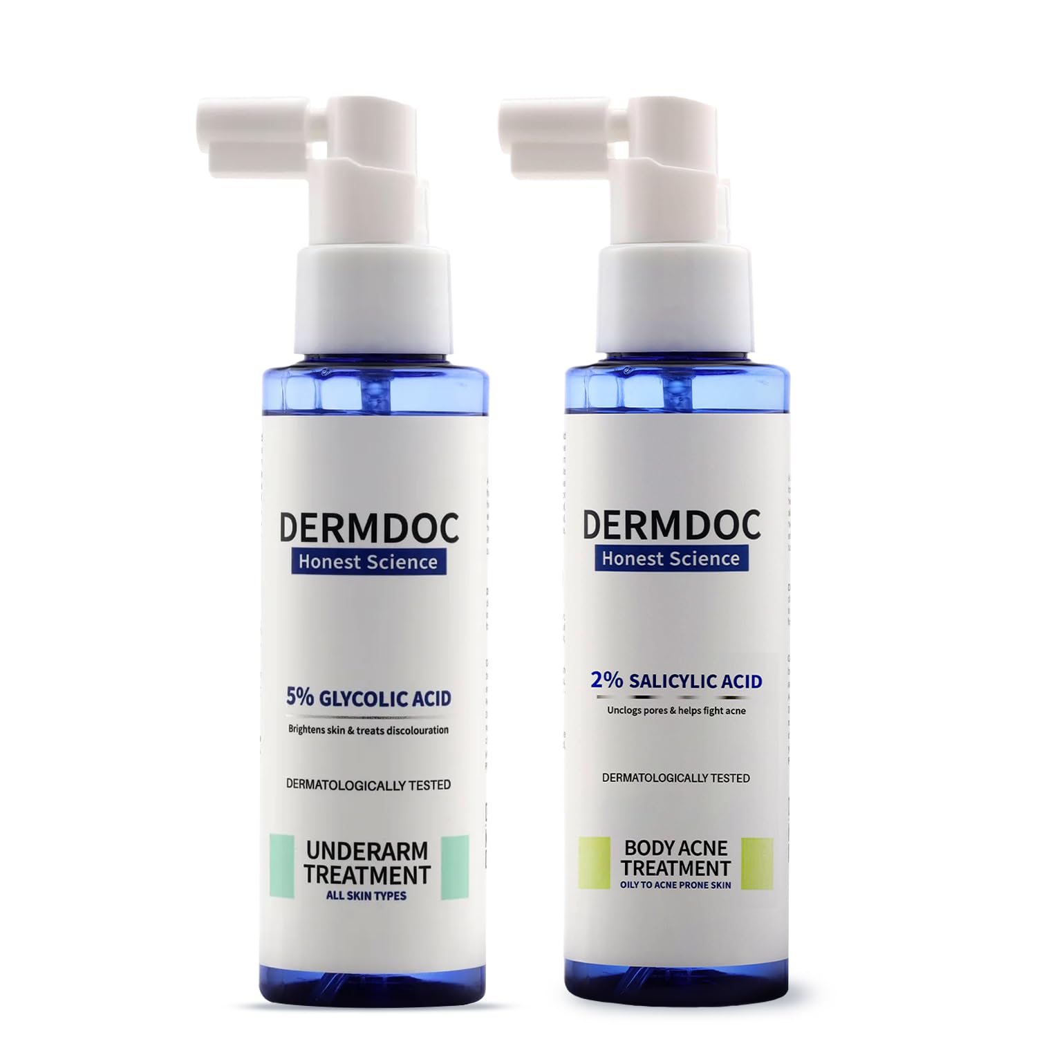 DermDoc Smooth & Clear Skin Body Treatment Combo - 5% Glycolic Acid Underarm Brightening Spray (100ml) & 2% Salicylic Acid Body Acne Treatment Spray (100ml) - Dark Underarm & Body Acne Solution for Clear Skin - Perfect for Daily Skincare Routine & Post-Workout Care