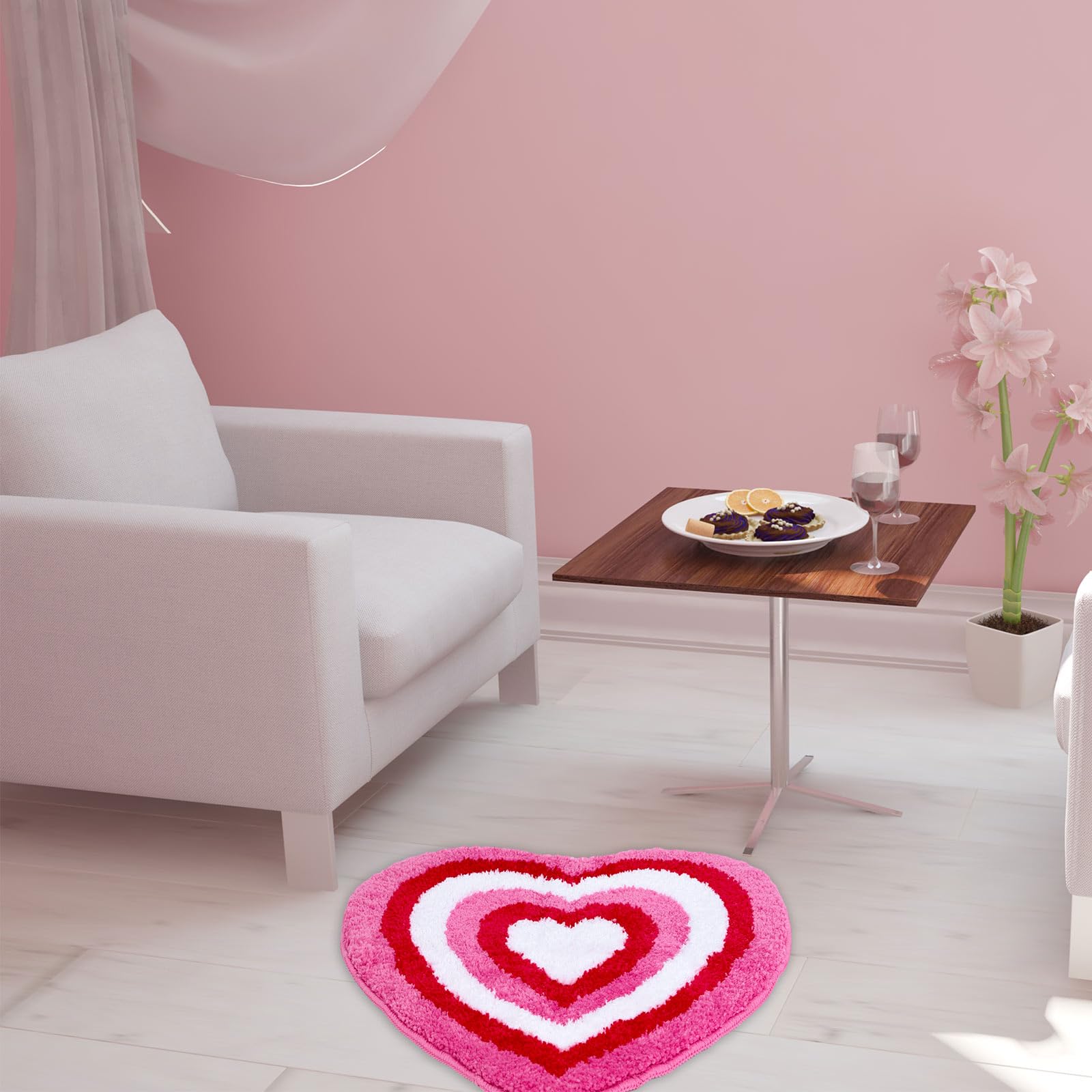 Valentine's Day Heart Shaped Bath Rug - Non-Slip Tufted Shower Mat for Bathroom, Front Door, Kitchen, Bedroom & Living Room Decor - Soft Red Pink Carpet Floor Mat for Romantic Home Decor & Gift Ideas