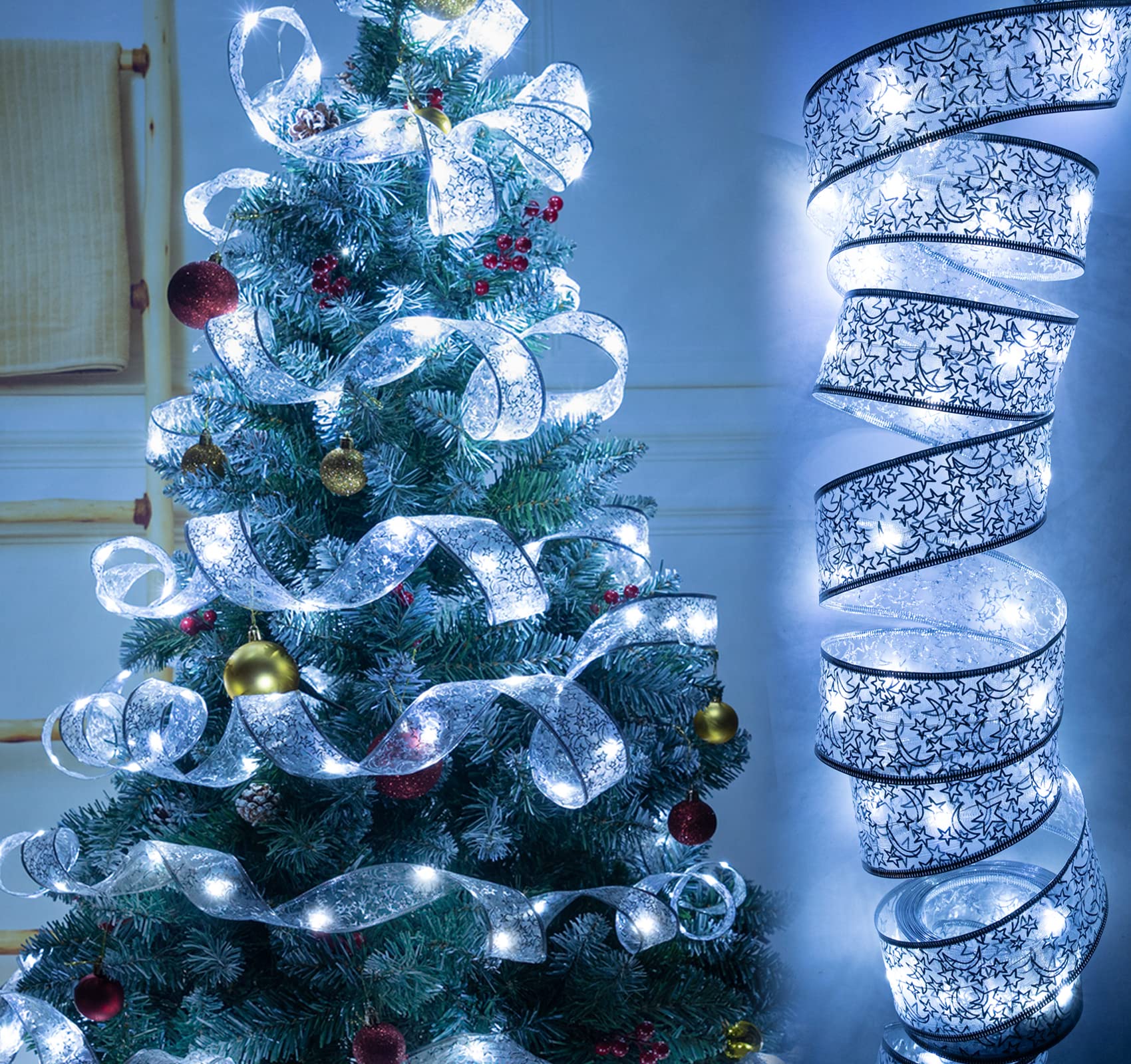 iLauke 39ft Silver Christmas Ribbon Lights - 120 LED Battery Operated Fairy String Lights for Indoor/Outdoor Holiday Decor | Perfect for Christmas Trees, Wreaths, Mantels & Party Decorations (White Light)