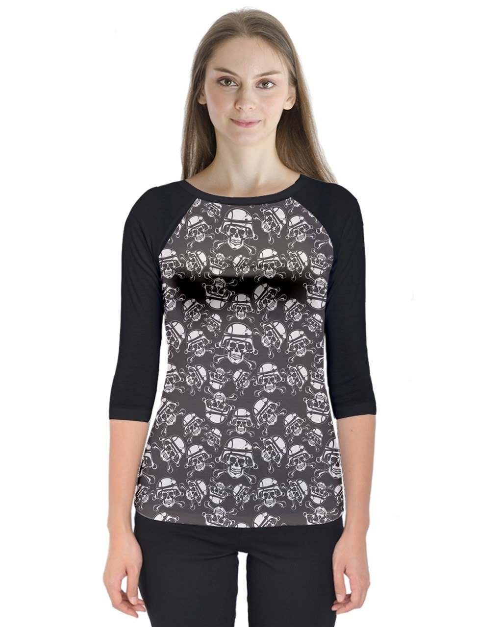 PattyCandy Women's Skull Print Quarter Sleeve Raglan T-Shirt - Casual Plus Size Tee for Everyday Wear, Street Style & Gothic Fashion