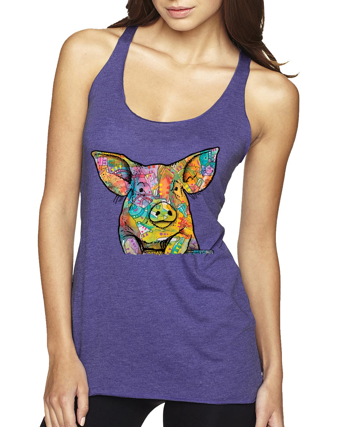 Dean Russo The Pig Animal Lover Tri-Blend Racerback Tank Top for Women - Soft Vintage Graphic Tee - Perfect for Casual Wear, Gym & Animal Lovers