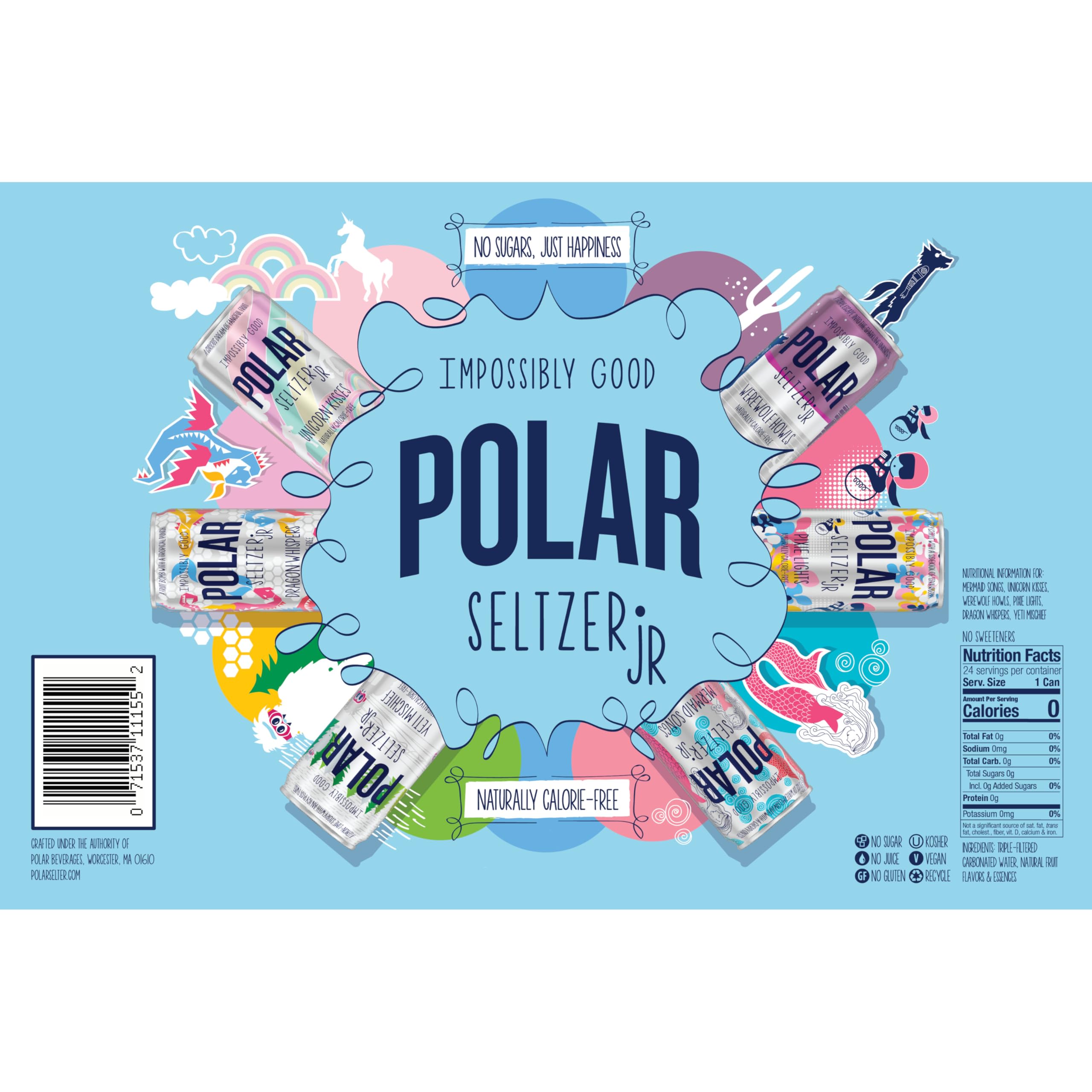 Polar Seltzer Jr Variety Pack - 24 Mini Cans (7.5 fl oz) | 6 Refreshing Flavors | Sugar-Free & No Sweeteners | Perfect for Lunchboxes, Office Snacks & On-the-Go Hydration