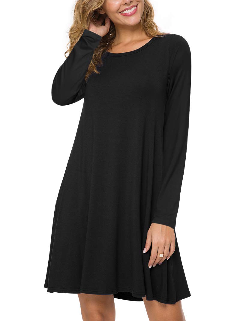 POPYOUNG Women's Spring Long Sleeve T-Shirt Dress 2024 - Casual Swing Dress with Pockets, Flowy Comfort Fit for Work, Date Night & Weekend Outings