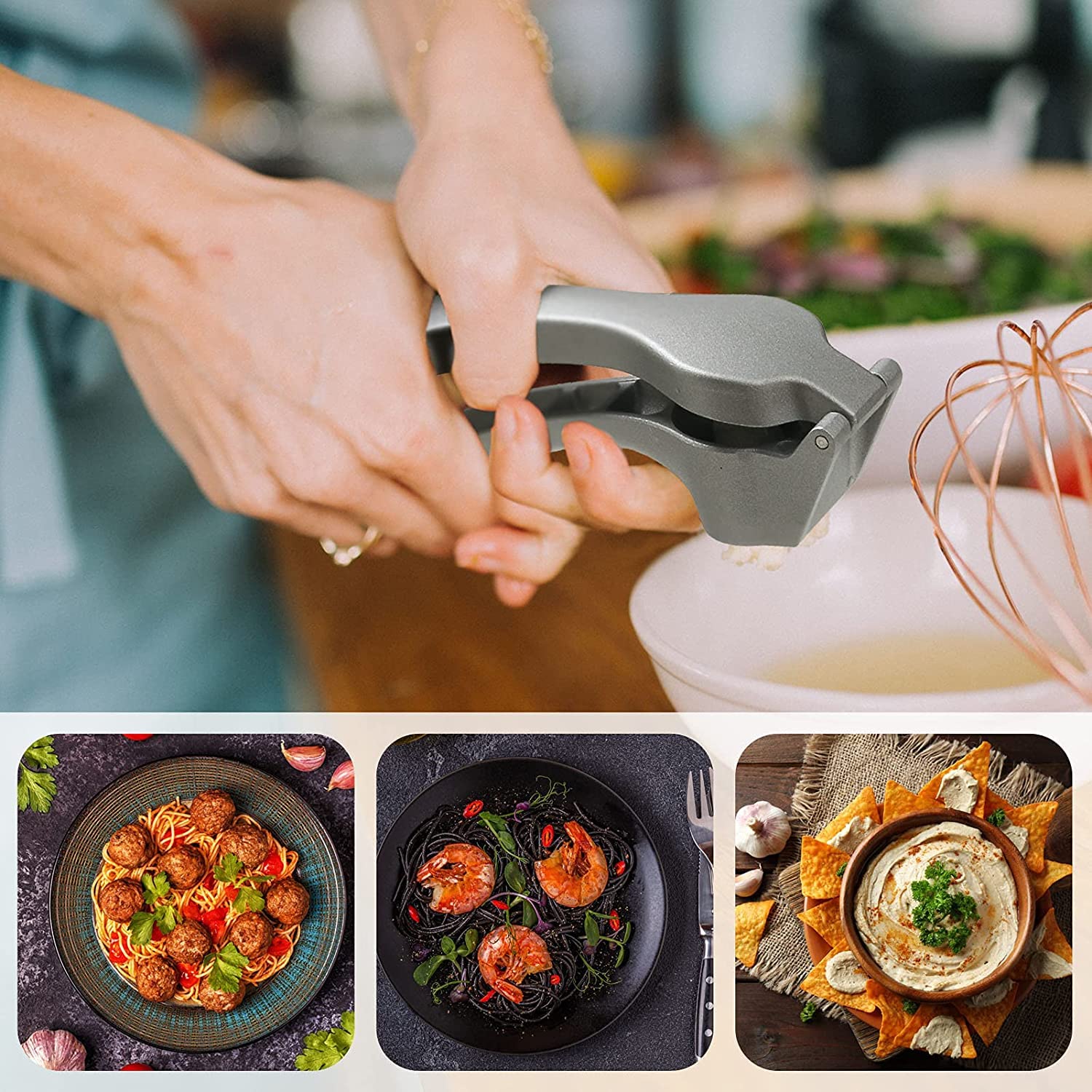 Premium Garlic Press & Mincer - Ergonomic Easy-Squeeze Handle, No Peel Needed, Rust-Proof Stainless Steel - Professional Ginger Crusher with Cleaning Brush - Dishwasher Safe - Perfect for Cooking, Meal Prep & Restaurants
