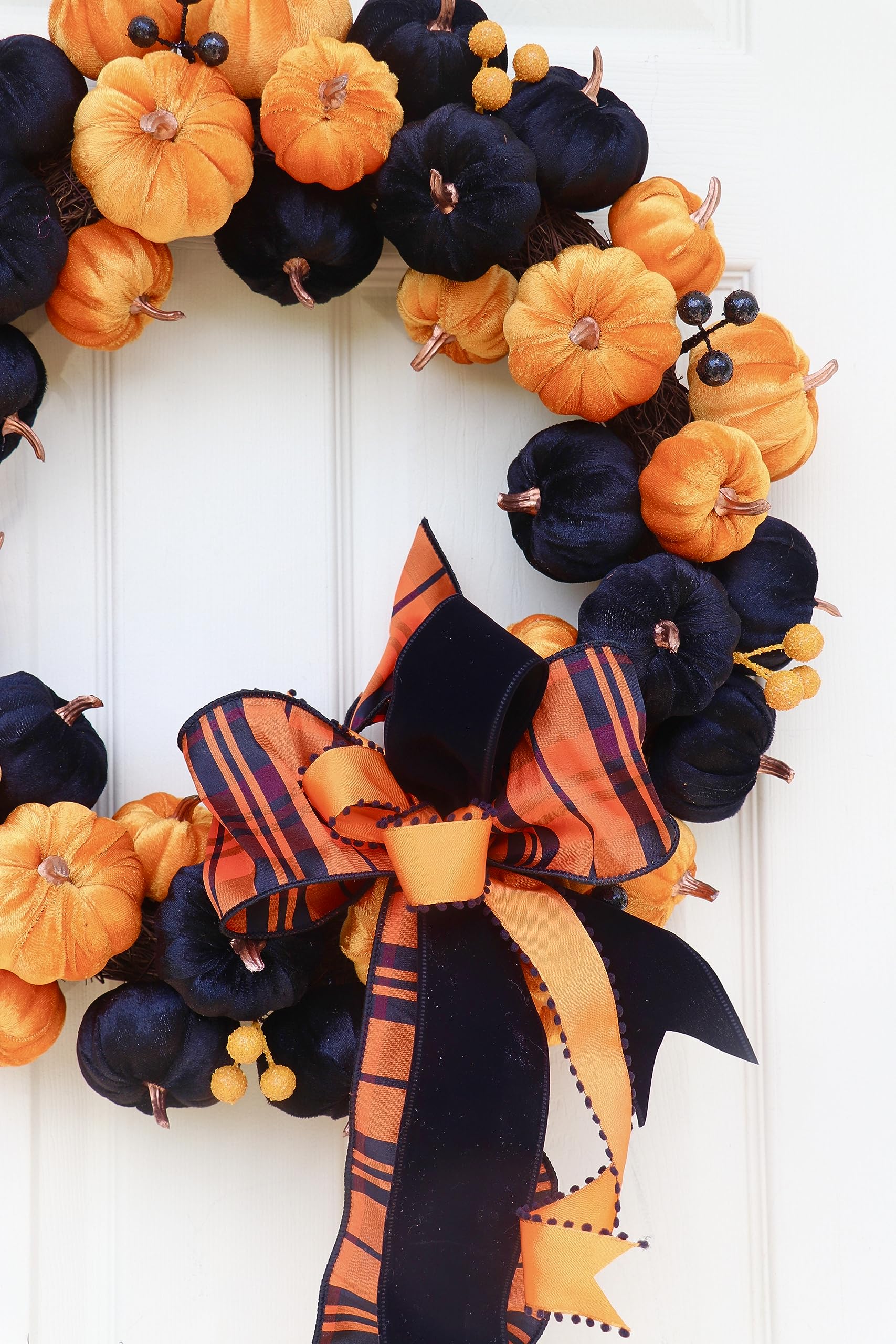 20 Inch Halloween Front Door Wreath with Orange & Black Velvet Pumpkins - Spooky Fall Porch Decor for Halloween Party & Home Decorations