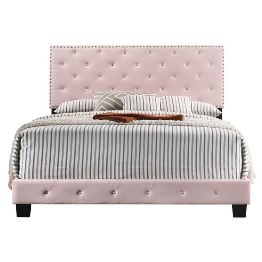 Glory Furniture Suffolk Velvet Upholstered Full Size Bed Frame in Pink - Luxurious Soft Fabric Headboard for Master Bedroom & Guest Room