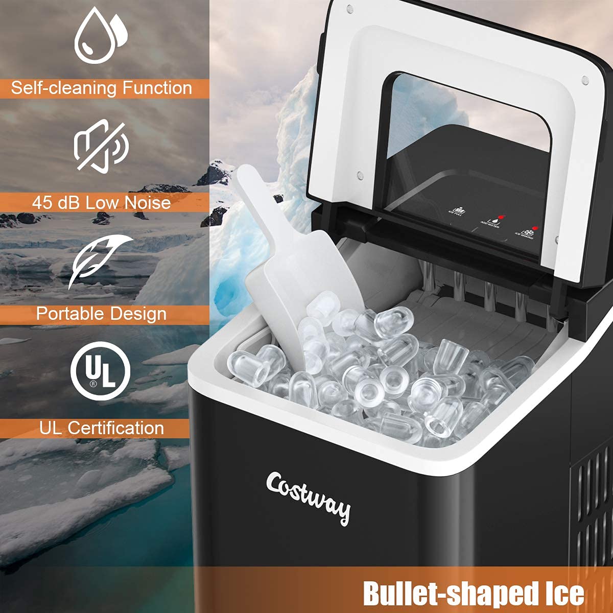 COSTWAY 26Lbs/24H Portable Countertop Ice Maker with Self-Cleaning Function - Makes Bullet Ice Cubes in 8 Minutes - Includes Scoop & Removable Basket - Perfect for Home, Office, Parties, Bars, and Outdoor Gatherings - Black