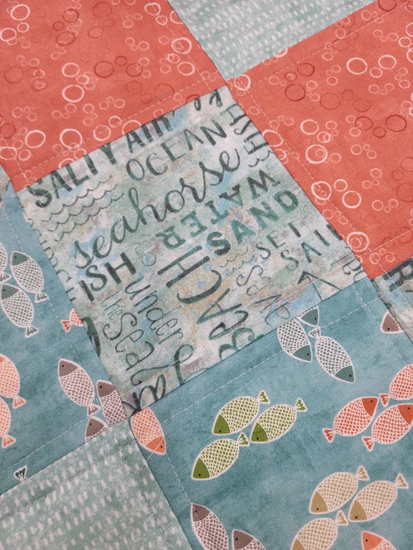 Quilted Beach Table Runner - Blue and Coral Ocean Theme for Dining Table Decor, Perfect for Mother's Day, Coastal Home & Seaside Entertaining