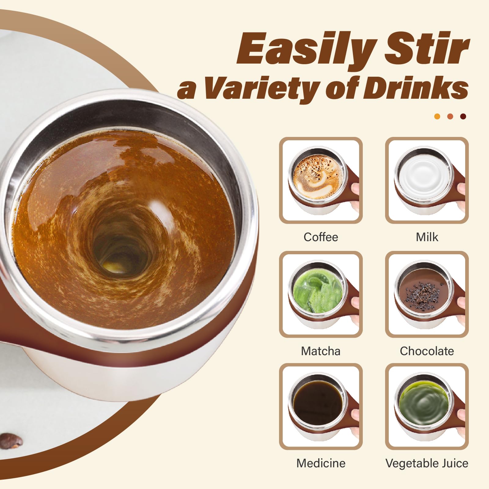 Automatic Magnetic Stirring Coffee Mug - Rechargeable Self Mixing Stainless Steel Cup with Lid | Perfect for Coffee, Tea & Hot Chocolate at Home, Office or Travel