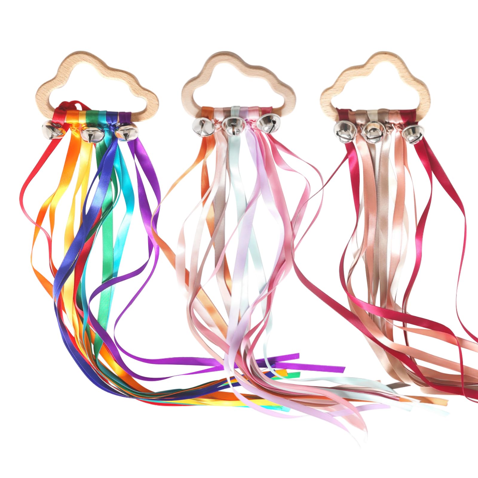TYXHXTF 3 Pack Wooden Molar Ribbon Sensory Toys - Montessori Educational Toys for Babies & Toddlers, Wooden Teething Rings with Colorful Ribbons - Perfect for Soothing Gums, Early Learning & Sensory Development | Great for Daycare, Travel & Home Playtime
