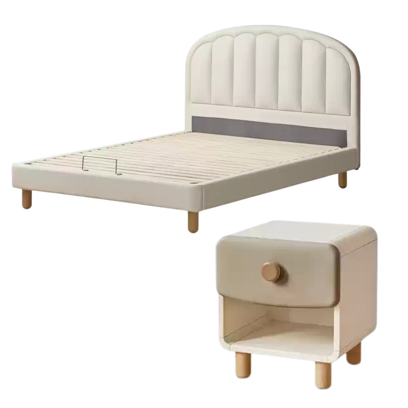 Milky white color Children's bed + bedside table (milk tea color)