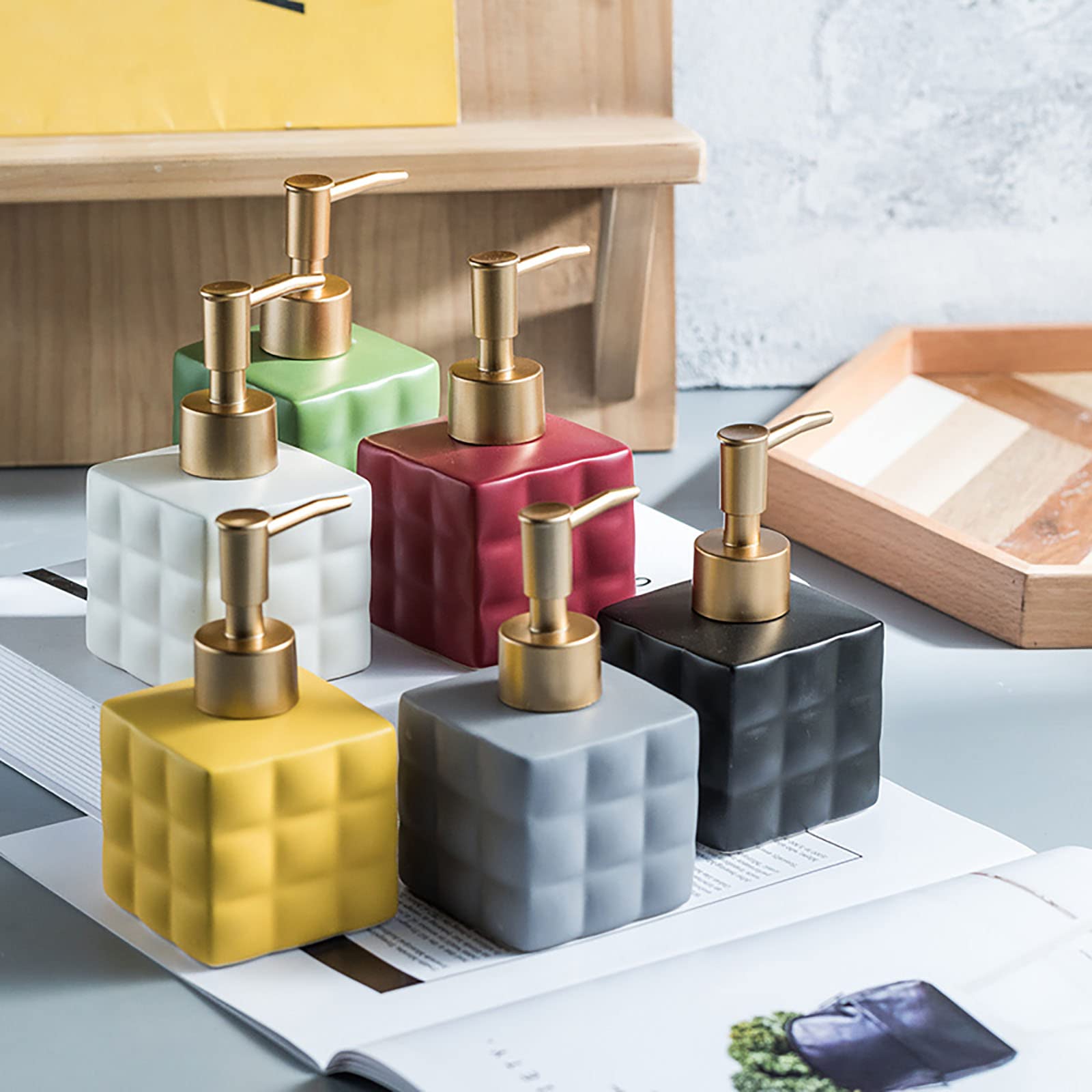 Ceramic Soap Dispenser for Hotel & Home - 220ML Empty Bottle for Hand Soap, Shampoo, Body Wash (7x7x13cm) - Perfect for Bathroom Countertop, Guest Rooms & Spa Decor