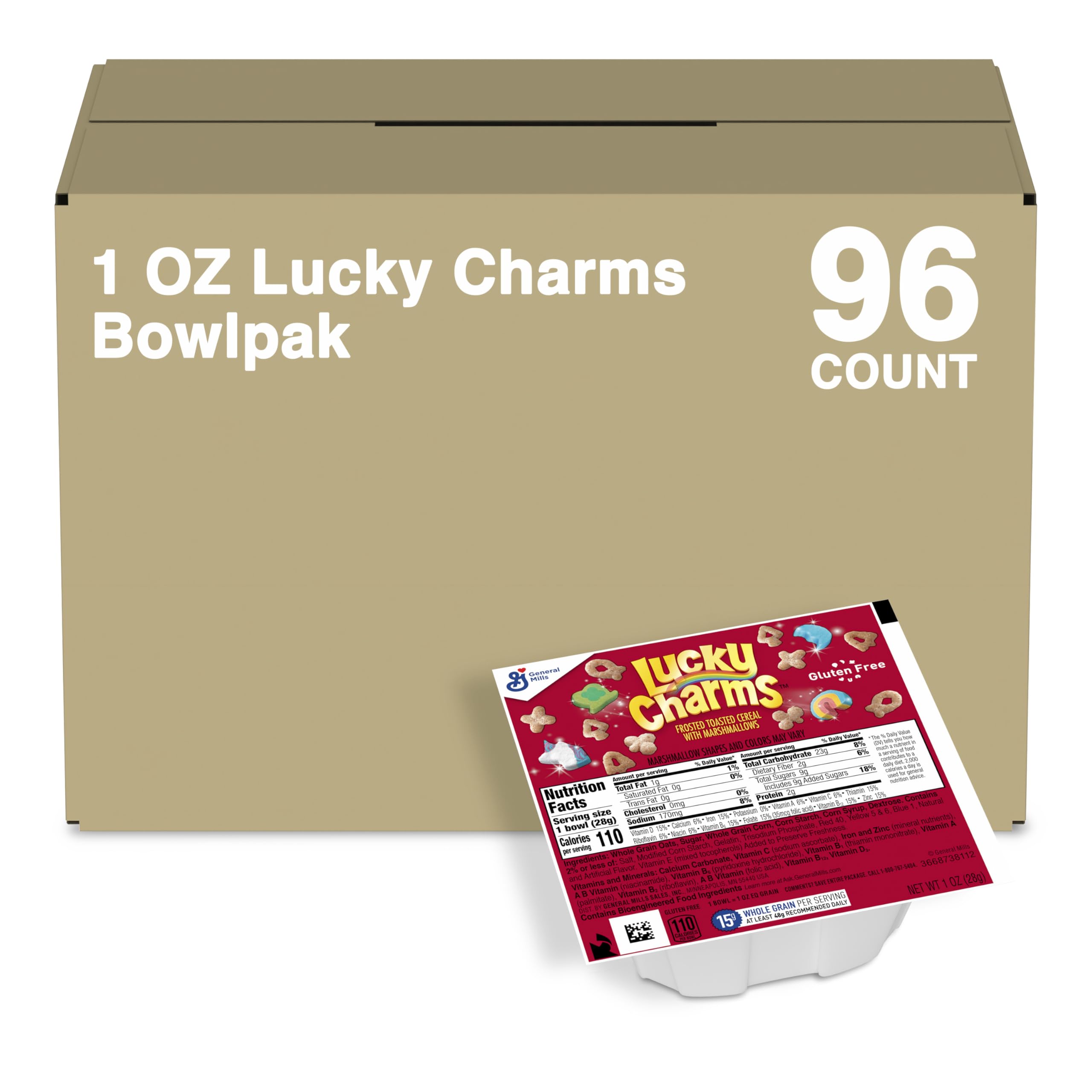 Lucky Charms Cereal Bowl Packs - 96 Count | Convenient Breakfast Solution for Kids, Office Snacks & On-the-Go Eating