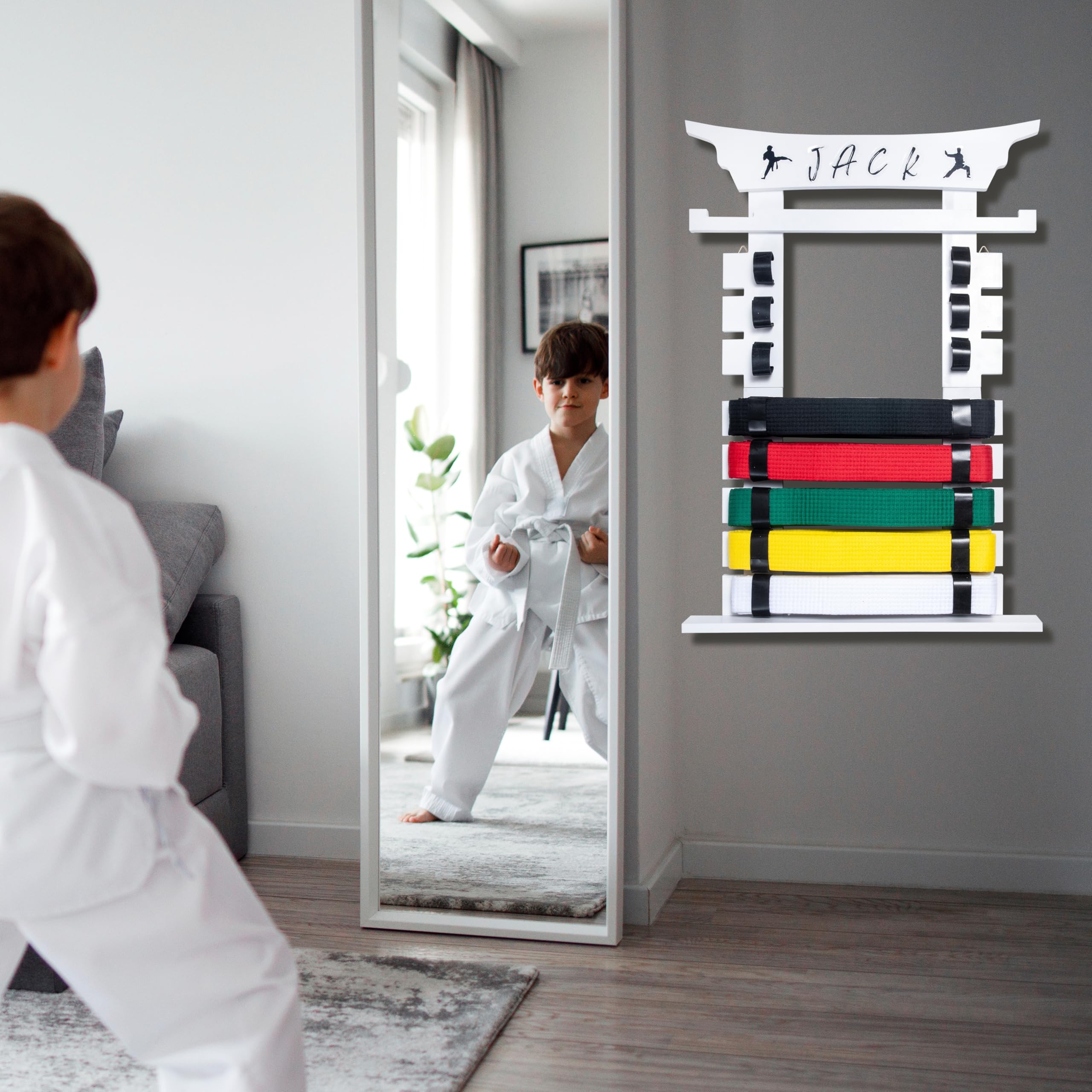 Black Wall Mounted Karate Belt Display Rack with Medal Hanger & Stickers - 8 Belt Taekwondo Holder for Kids & Adults - Perfect for Dojo, Gym & Home Martial Arts Decor