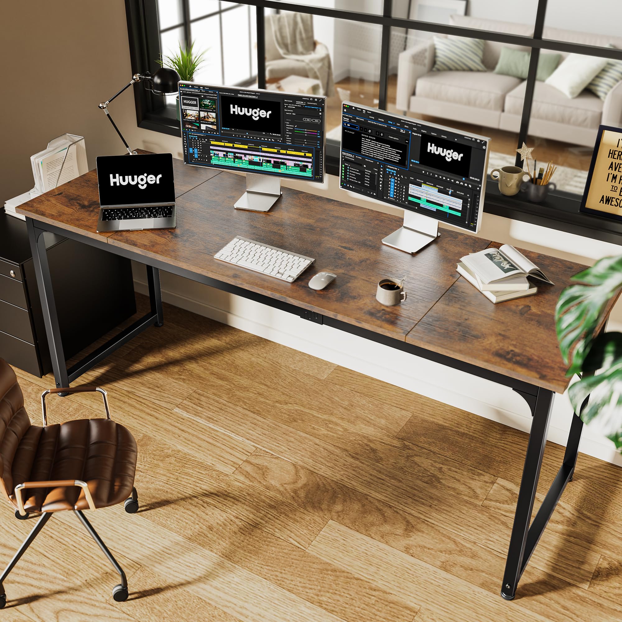 Huuger 70 Inch Computer Desk - Sturdy Metal Frame Office Desk with Storage, Large Gaming & Writing Desk for Home Office, Study, Long Simple Workstation (Rustic Brown) | Perfect for Small Spaces & PC Gaming Setup