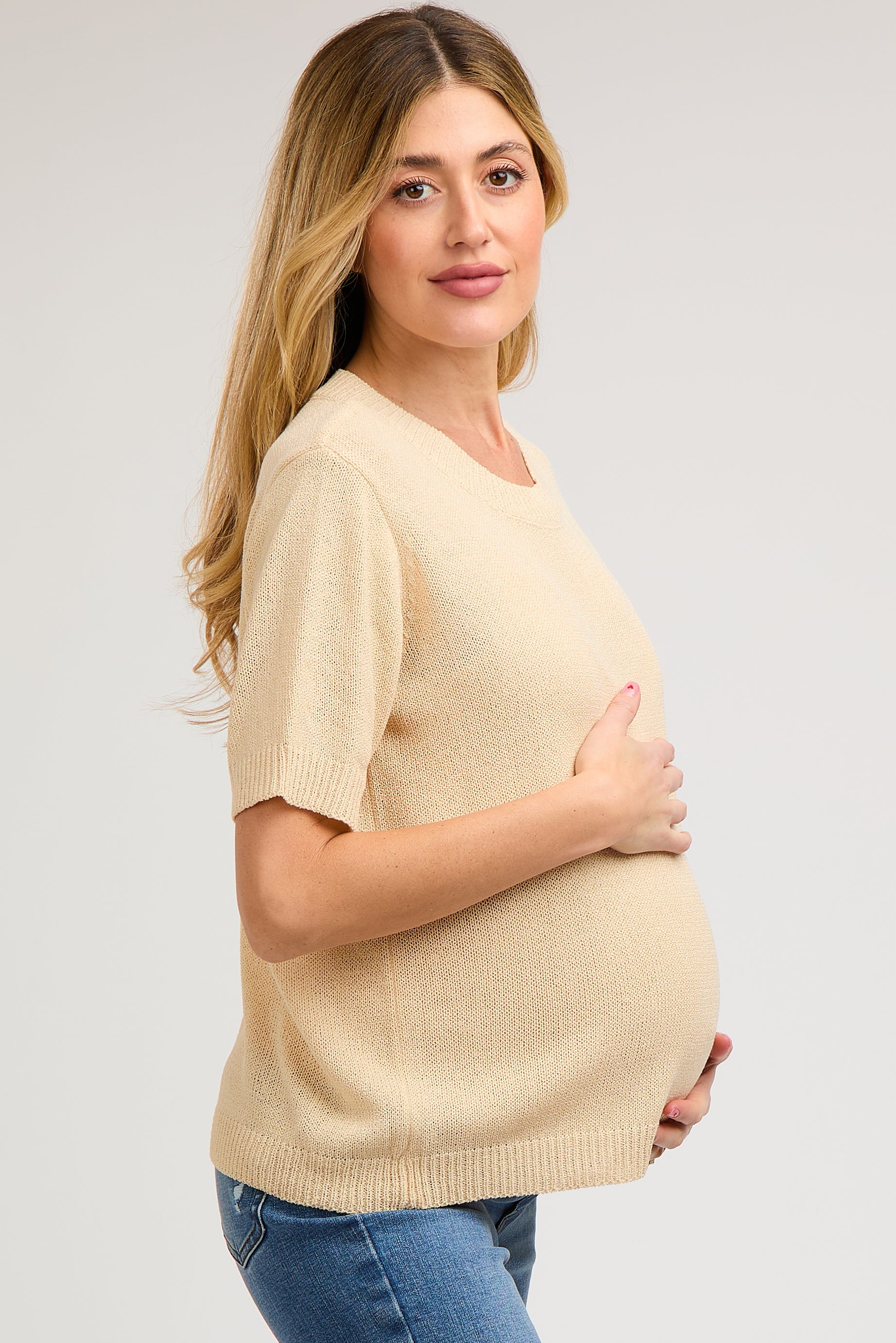 Beige Knit Short Sleeve Maternity Top - Soft & Stretchy Pregnancy Shirt for Women | Perfect for Casual Wear & Nursing