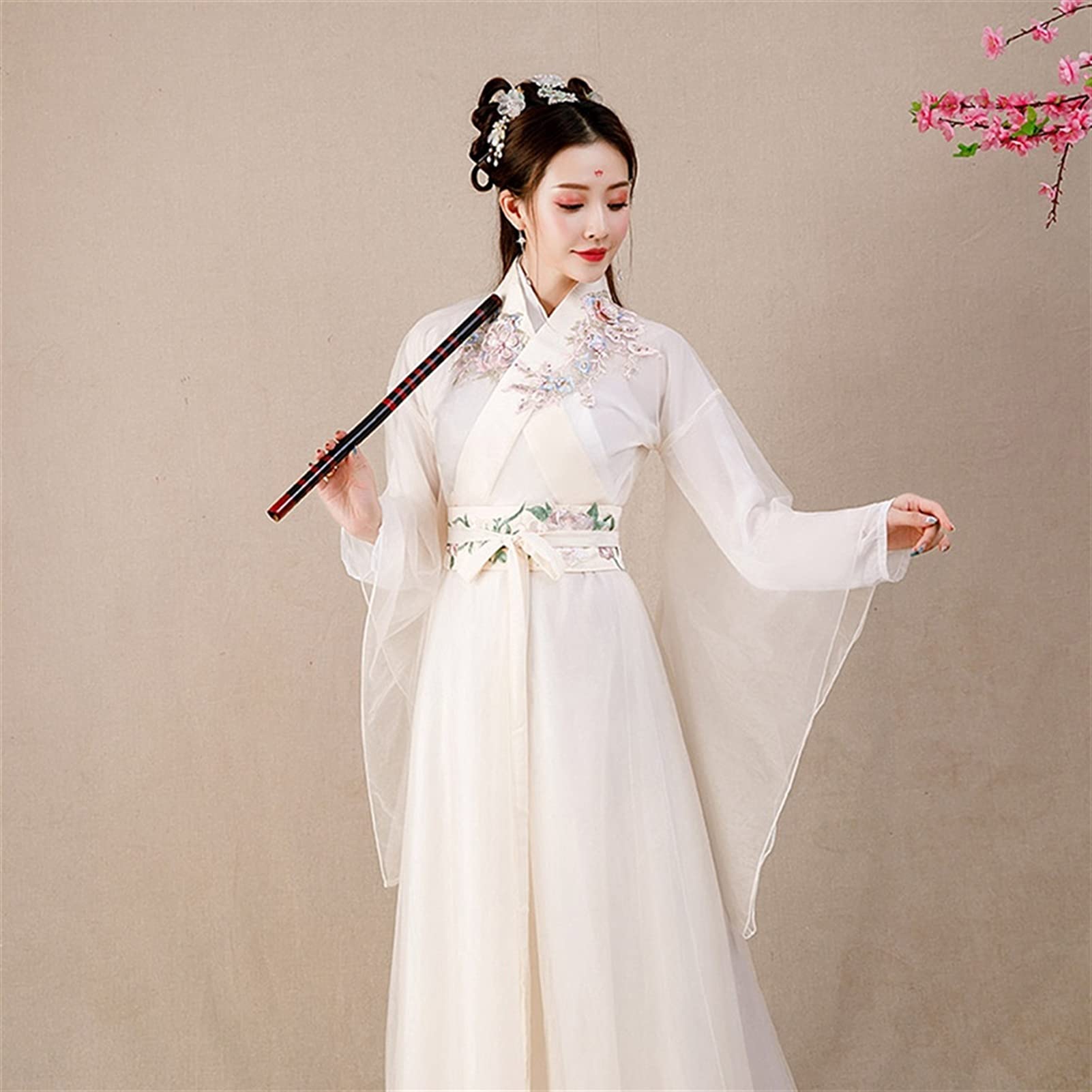 Elegant Traditional Hanfu Dress for Women - Embroidered Chinese Fairy Costume with Zipper - Princess Folk Dance Gown - Role Playing & Cosplay Outfit - White XX-Large - Perfect for Cultural Events, Themed Parties & Photo Shoots