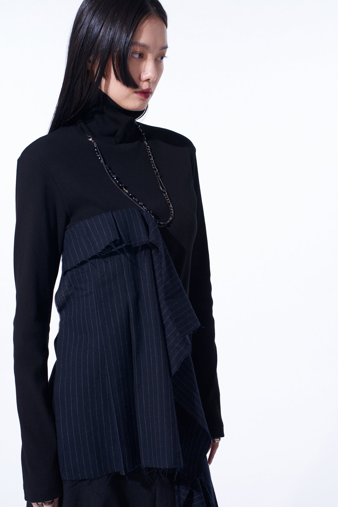 Premium Cotton Rib Jersey Long Sleeve High Neck T-Shirt with Pleated Stripes - Women's Fashion Basic Top for Casual Wear & Layering