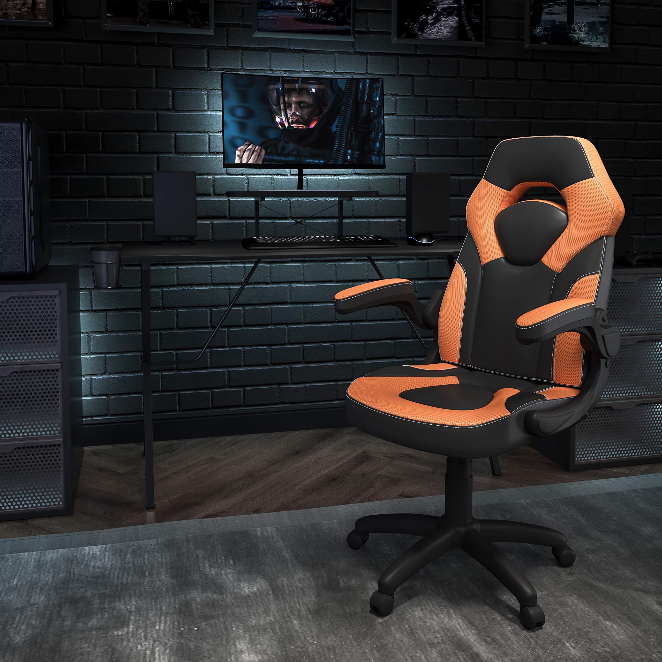 Black & Orange Gaming Desk Set with Cup Holder, Headphone Hook & Monitor Stand - Perfect for PC Gamers, Streamers & Home Office Setup