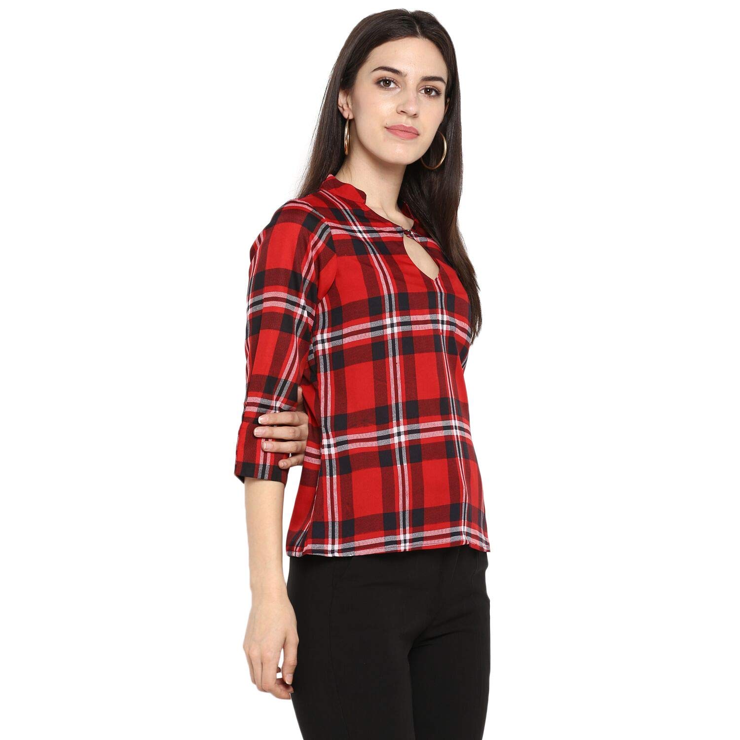 Indietoga Women's Red & Black Checkered Flannel Shirt - XS to 7XL Plus Size Casual Button Down Top for Fall & Winter Layering