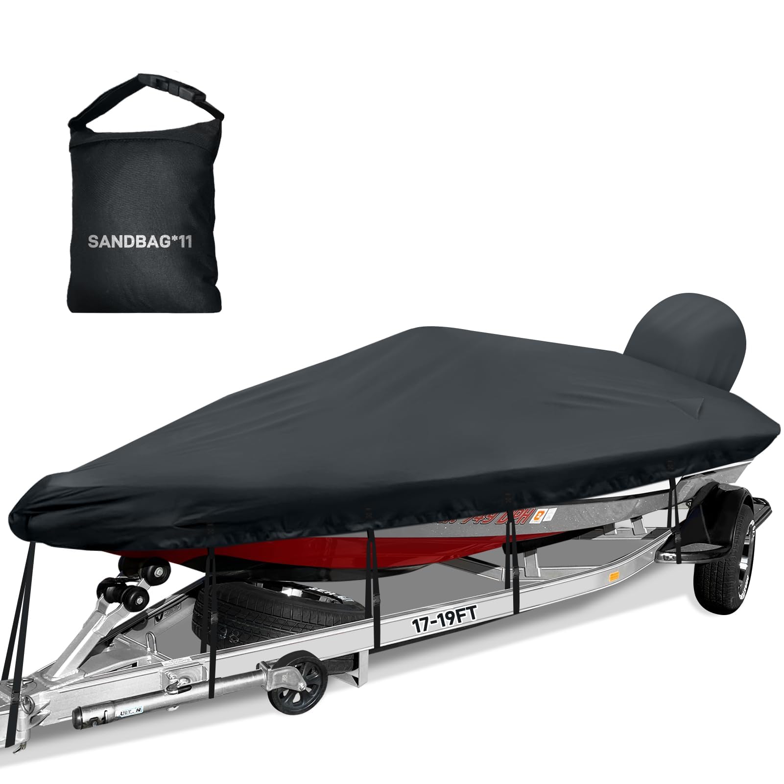 **17-19ft Heavy Duty 1200D Waterproof Marine Canvas Boat Cover for Bass Tracker & V Hull Runabout Boats - Includes Sand Bag Mooring Kit (Black) - Perfect for Outdoor Storage & Mooring Protection**