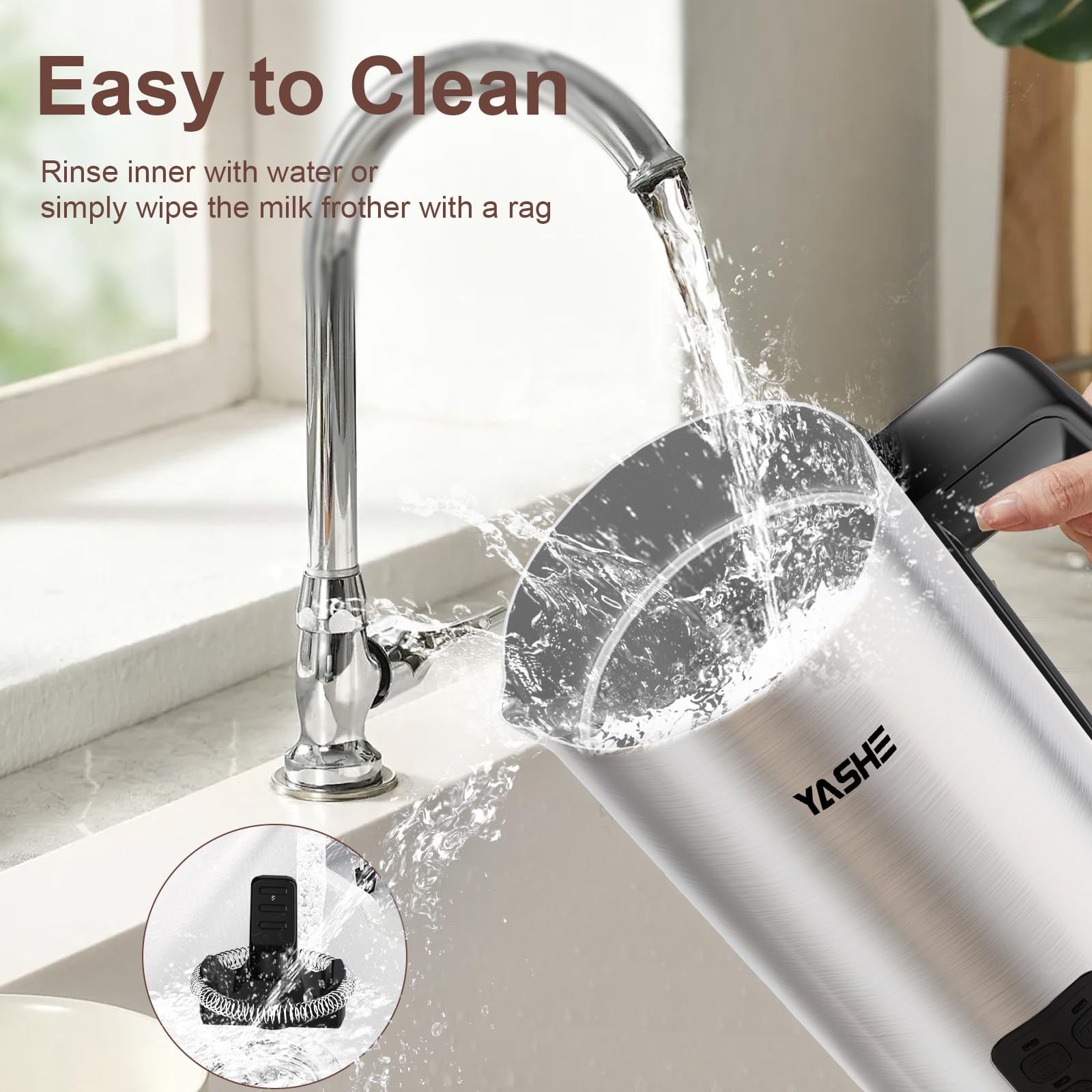 YASHE 4-in-1 Electric Milk Frother and Steamer - 8.1oz/240ml Stainless Steel Milk Frother for Lattes, Cappuccino & Hot Chocolate - Easy Clean with Dense Foam - Perfect for Home Coffee Bars & Cafe Use