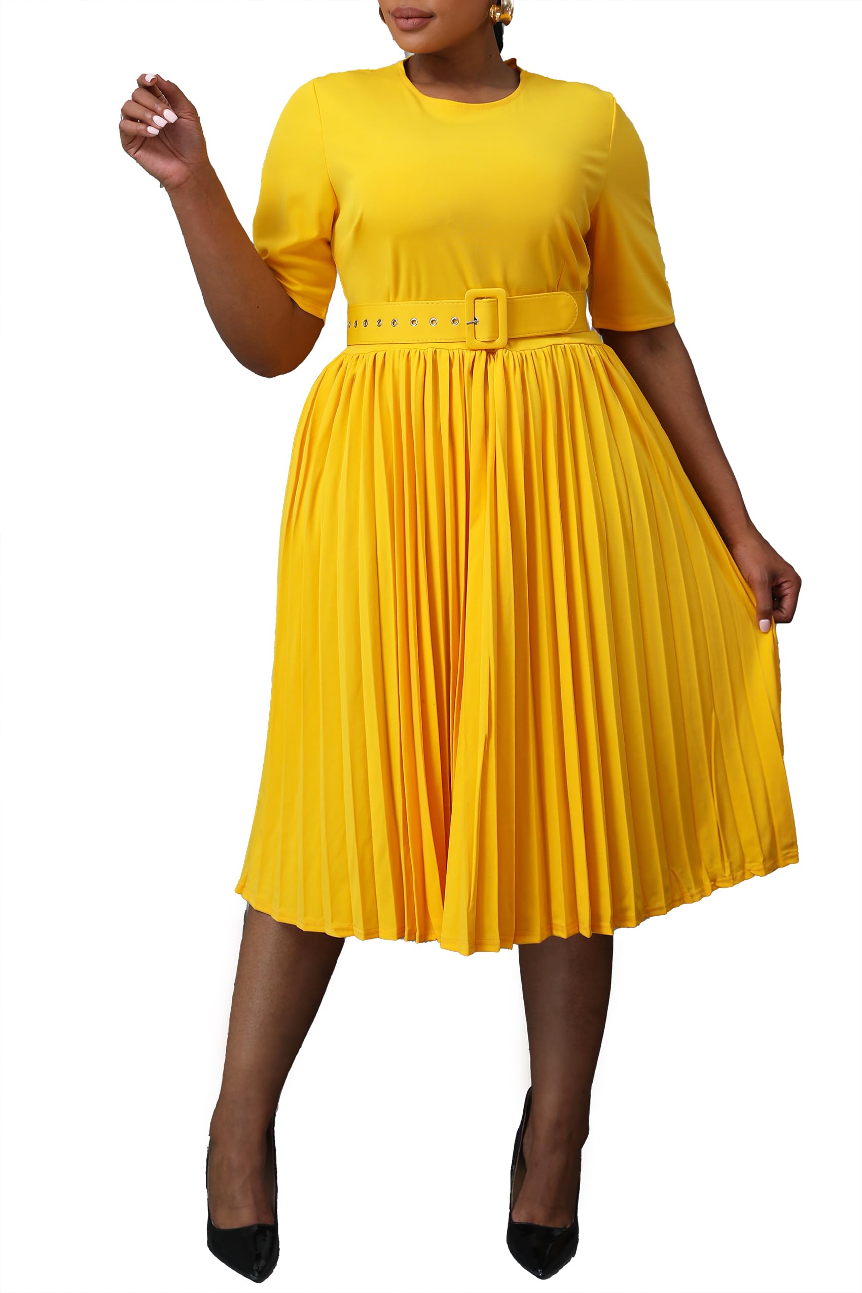 VERWIN Plus Size Short Sleeve A-Line Dress for Women - Round Neck Midi Dress with Belt & Pleated Design | Perfect for Office, Date Night & Summer Outfits