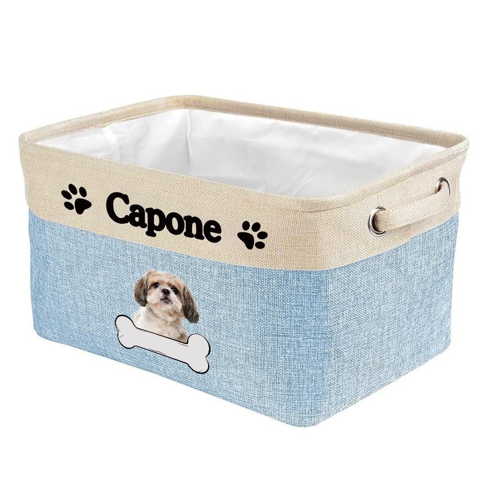 Personalized Shih Tzu Dog Bone Pattern Fabric Storage Basket with 2 Handles - Rectangle Decorative Organizer for Closet, Garage, Nursery | Perfect for Storing Clothes, Blankets, Toys & Pet Supplies (Blue & White)