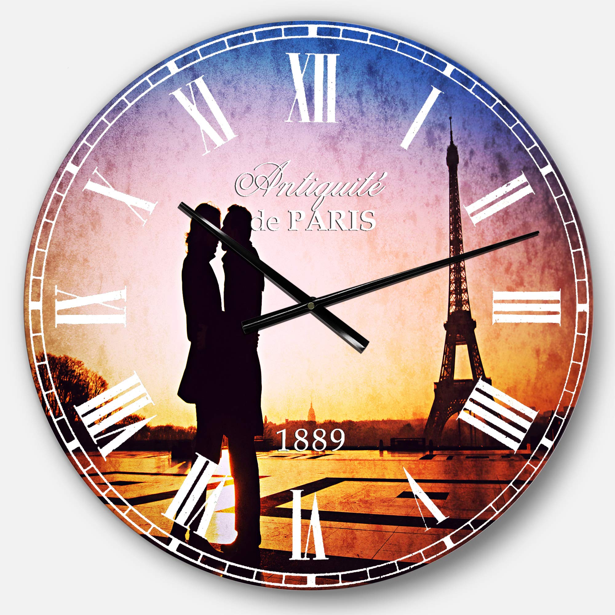 Designart Eiffel Tower Kissing Couple Wall Clock - French Country Round Metal Wall Art for Home, Living Room, Bedroom & Office Decor | Romantic Parisian Theme for Couples' Spaces & Gift Giving