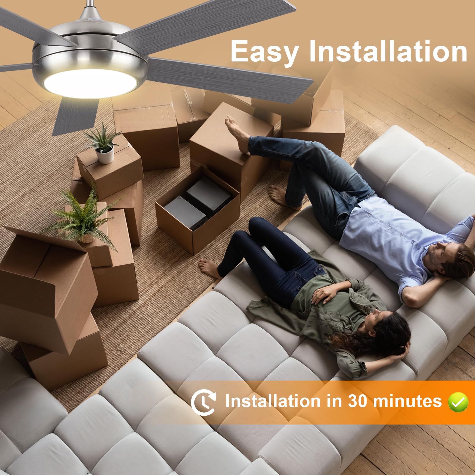 Ovlaim 52 Inch Ceiling Fan with Light Remote Control - 6 Speed Quiet DC Motor, 5 Wood Blades for Living Room & Bedroom - Perfect for Home Cooling and Air Circulation