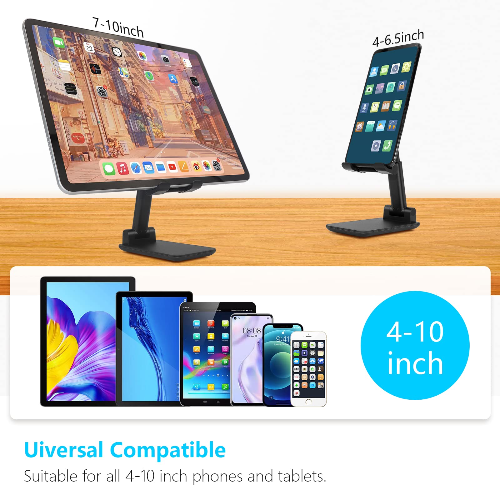 Adjustable Folding Phone Stand for Desk - Universal Cell Phone & Tablet Holder (4-10 Inch) - Perfect for Office, Home, Video Calls & Hands-Free Viewing (Black)