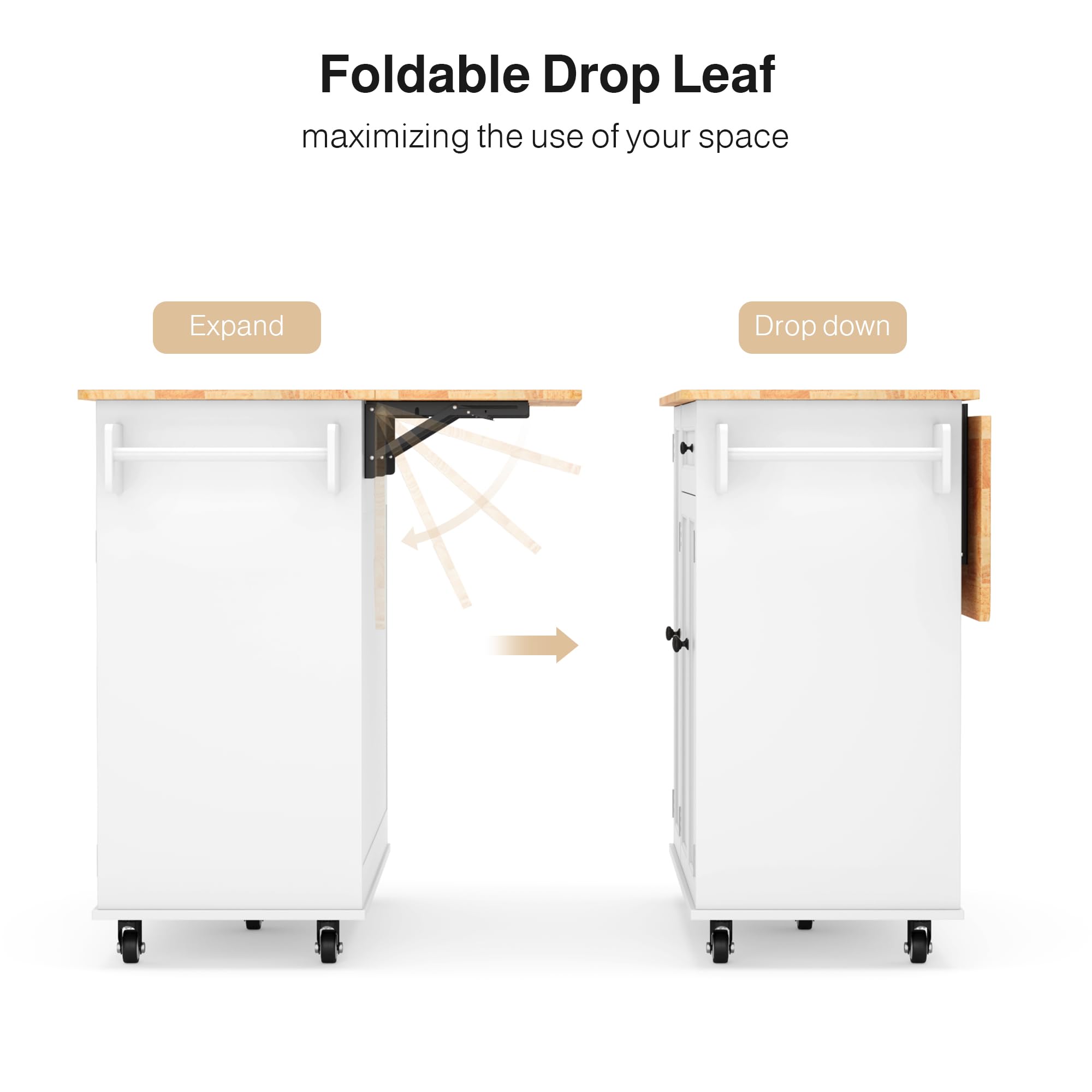 Ahomly Kitchen Island with Storage - White Drop Leaf Table with 5 Wheels, Internal Storage Rack, Drawer, Spice Rack & Towel Bar - Perfect for Small Kitchens, Dining Prep & Extra Counter Space