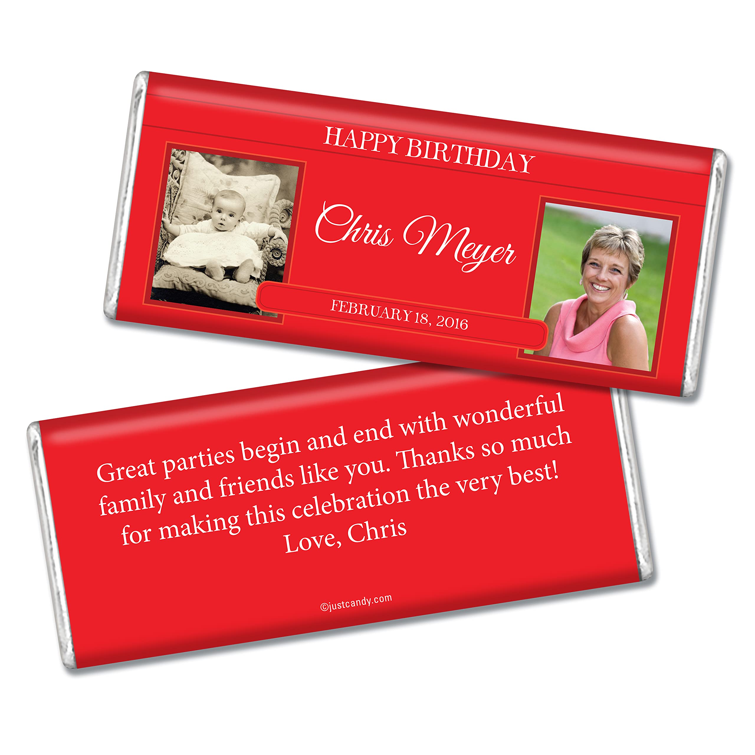 Personalized Photo Birthday Party Favors for Adults - Custom Candy Bar Wrappers (25 Pack) - Perfect for Anniversaries, Baby Showers & Graduations - All Ages - Red