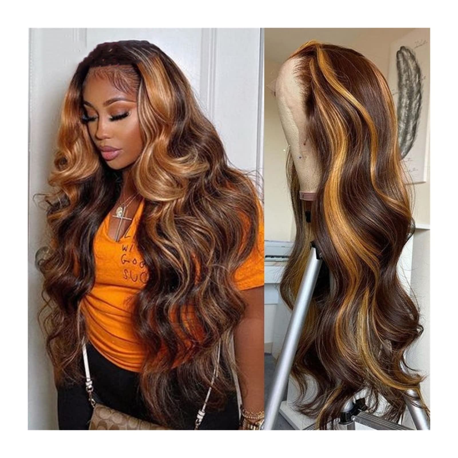 Brazilian Human Hair Wig 13x4 Lace Front - Body Wave #4/27 Brown Honey Blonde Ombre - Pre-Plucked with Baby Hair - 14 Inches Stretched Length - Perfect for Daily Wear, Cosplay & Special Occasions