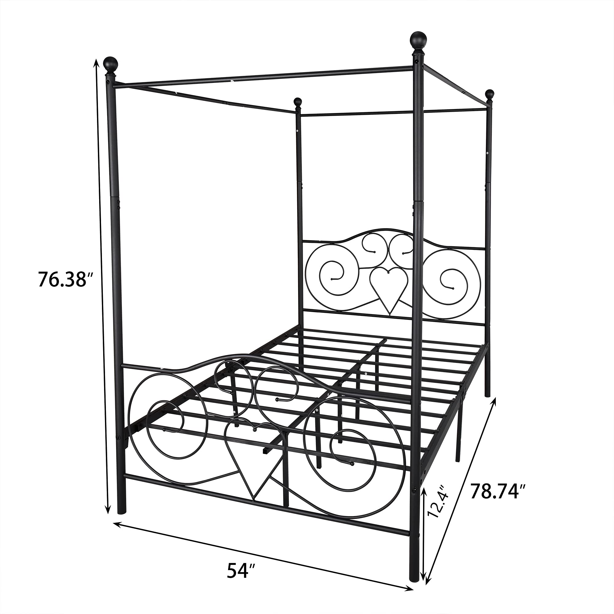 Heavy Duty Steel Canopy Bed Frame with Headboard - No Box Spring Needed for Bedroom Decor (Black)